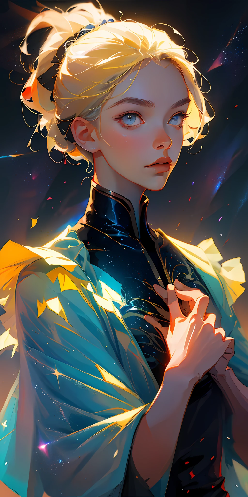 (best quality, masterpiece), 1boy, pose, particle, wind, flower, upper body, simple background, looking at viewer, blonde, galaxy,