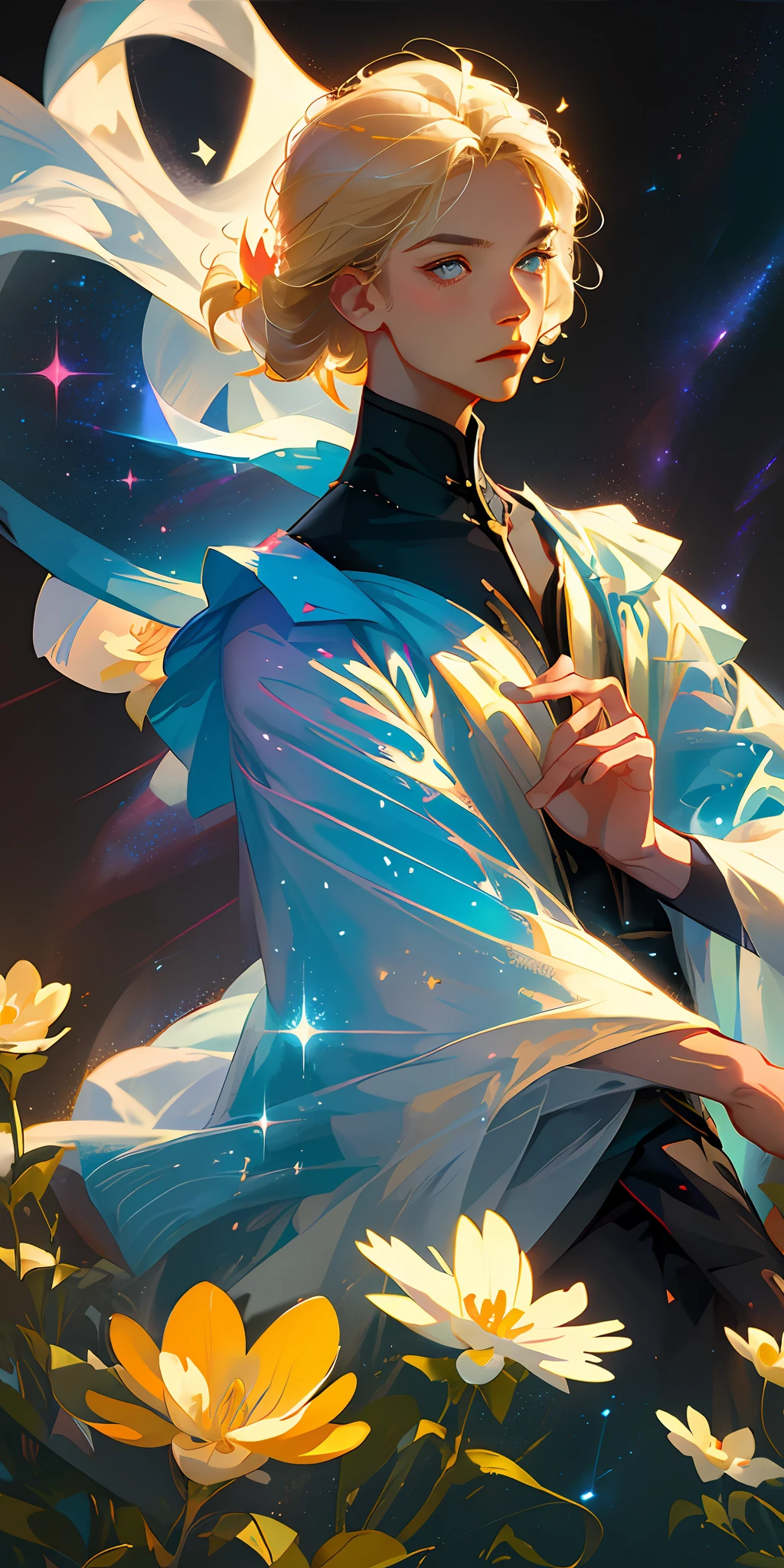 (best quality, masterpiece), 1boy, pose, particle, wind, flower, upper body, simple background, looking at viewer, blonde, galaxy,
