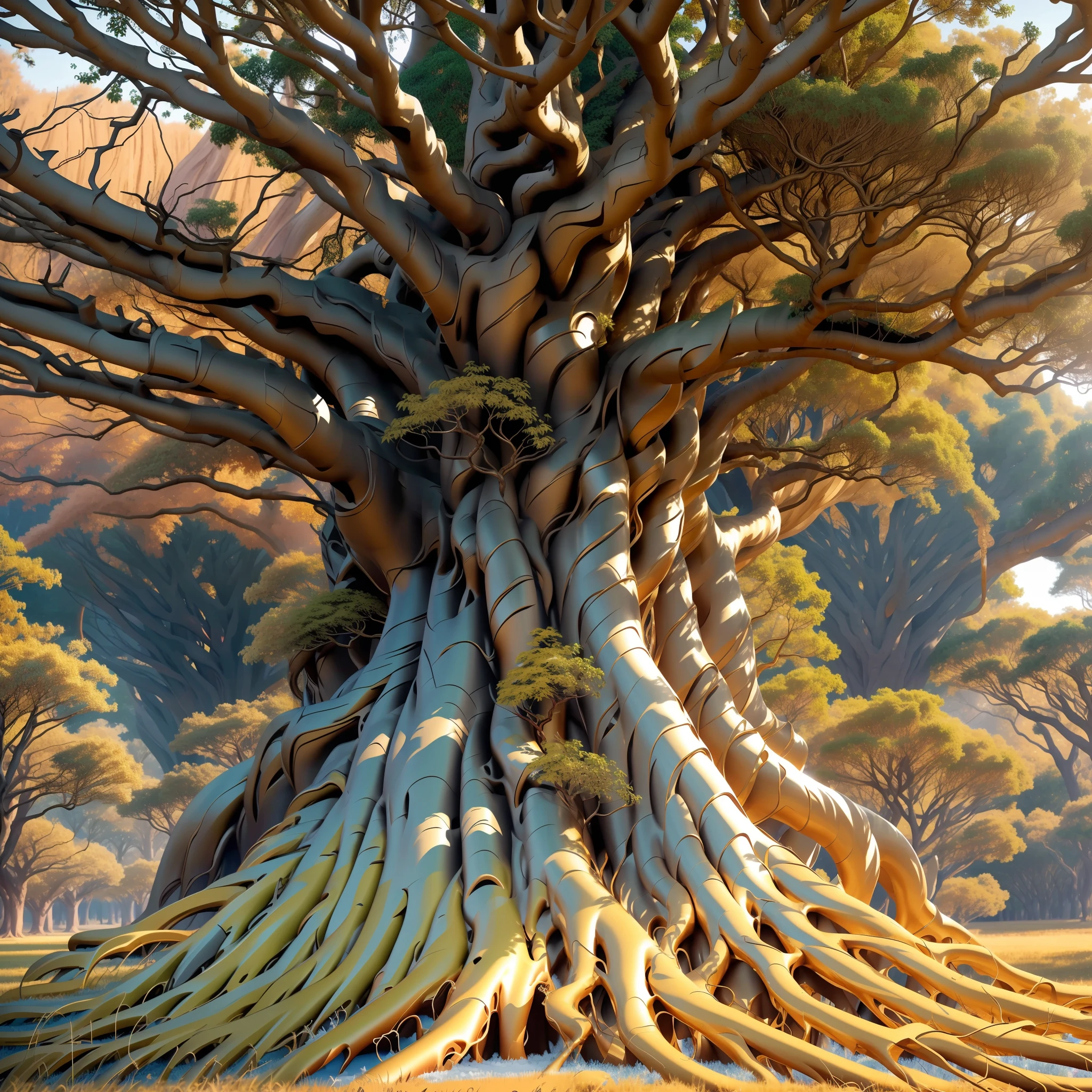 Image depicts a shiny gold tree with huge roots stretching across the ground. Its roots are visible, covered by a golden layer, forming intricate patterns and curves that give the tree a magical appearance. The tree seems rooted in a powerful and unwavering way, representing strength and stability.