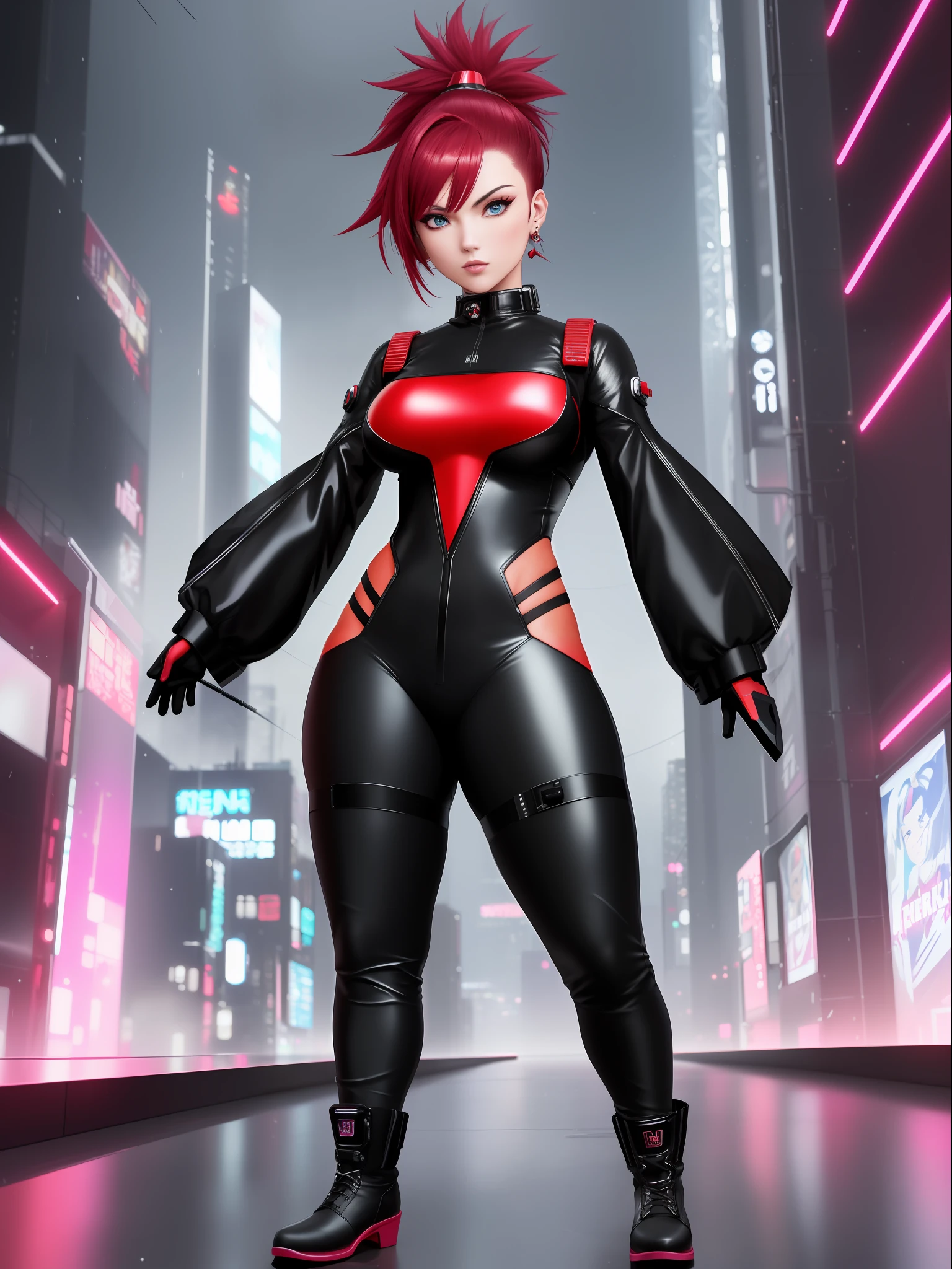 (full body photo:1.6), (A Kawaii Woman:1.5), (wearing cyberpunk red metal+ultra realistic metal outfit:1.5), (she's in a futuristic city with lots of flying cars+at night+raining hard:1.5), (she has mohawk hair roza:1.3), (she has blue eyes:1.3), (she's holding futuristic weapons+sorting+staring at the viewer+striking sexy poses for the viewer:1.5),  Draw, 16k, best quality, high details, UHD