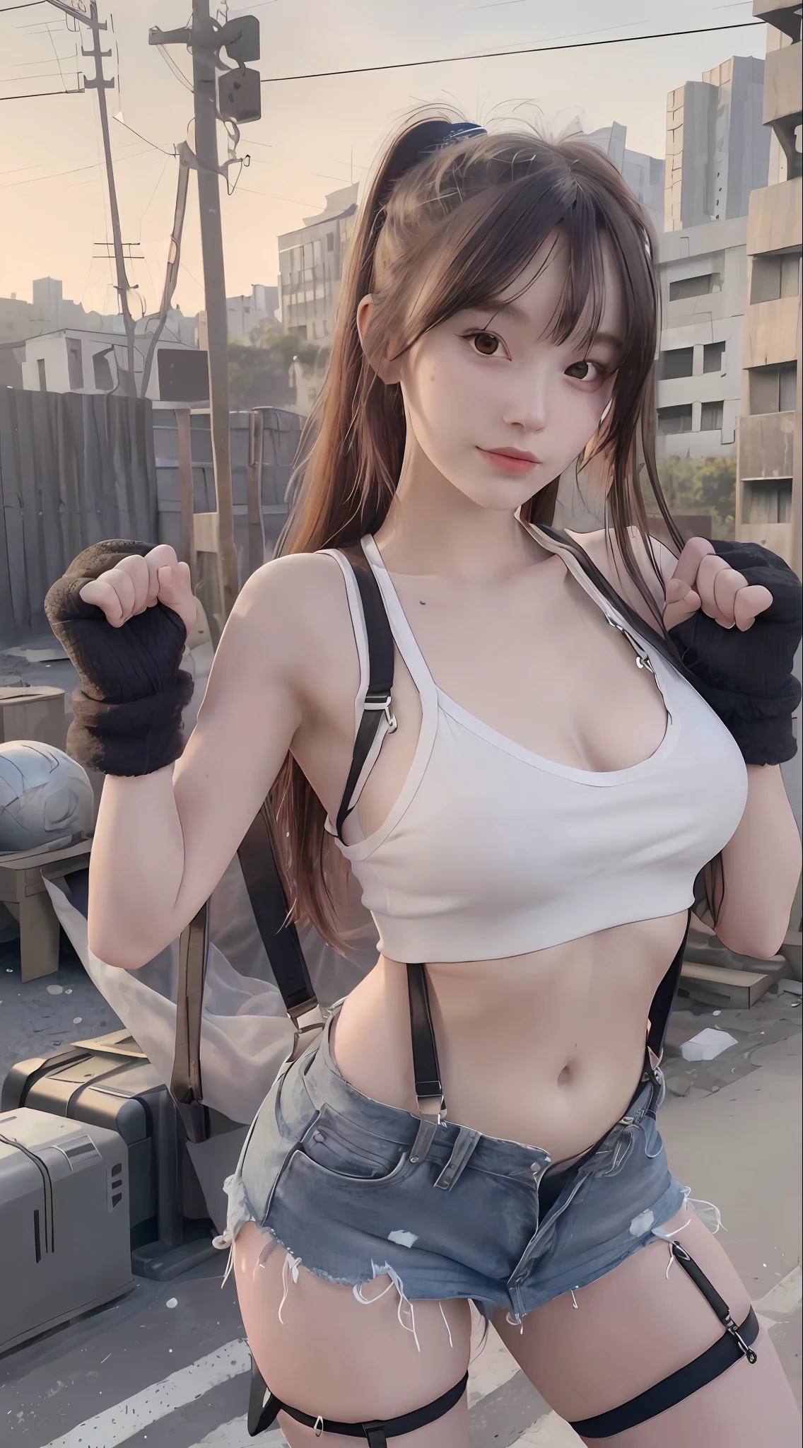 tattered tiny white tank top, braless, (black miniskirt:1.15),(suspenders:1.2),thick leather gloves, solo, woman, (pyoapplev1:1.05), pyoapple, (parted lips,light smile),(shiny skin:1.1),blush, ((bangs)), long hair, clenched fists, put up your dukes, fight pose,skindentation, ((slim skinny body)), (long legs), model figure, best quality, ultra high res, (photorealistic), (detailed face and eyes), industrial slum cyberpunk dystopia background
