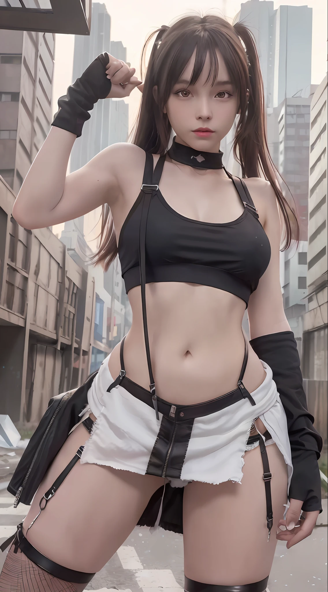 tattered tiny white tank top, braless, (black miniskirt:1.15),(suspenders:1.2),thick leather gloves, solo, woman, (pyoapplev1:1.05), pyoapple, (parted lips,light smile),(shiny skin:1.1),blush, ((bangs)), long hair, clenched fists, put up your dukes, fight pose,skindentation, ((slim skinny body)), (long legs), model figure, best quality, ultra high res, (photorealistic), (detailed face and eyes), industrial slum cyberpunk dystopia background