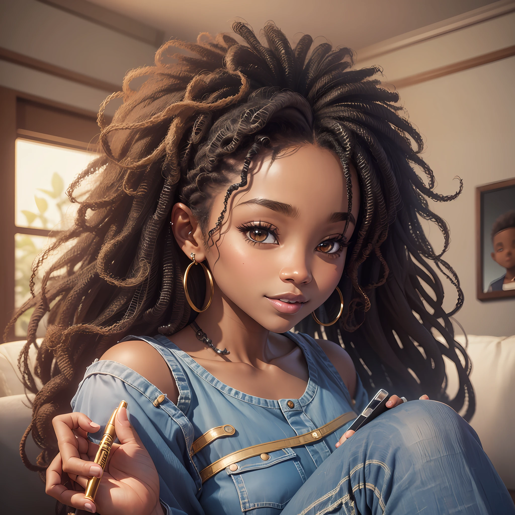 realistic portrait of a beautiful 9  African American baby girlark skin color)) writing in a notebook, ((chibi)), cute smile, ((sitting on a living room sofa)), wearing and jeans , current fashion , mega hair long curly hair, ((kanekalon)), (cinematic Contour lighting), close-up, product preview, detailed facial details, perfect face, sharpness, trend art, sharp facial details, cgsociety , very high quality digital artwork, exquisite hyper detail , 4k, 3D, 8k soft lighting, dreamy --iso 100, fashion --ar 9:16 --auto --s2