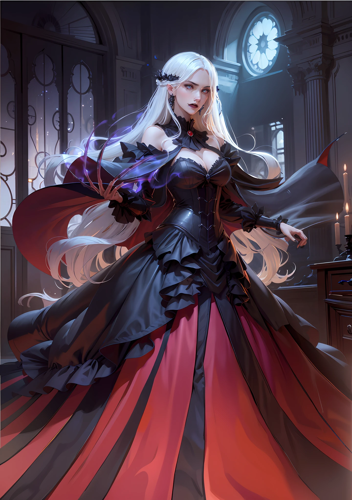 absurd resolution, high resolution, reflection, refraction:1.4 ultra-detailed:1.0 (illustration, line drawing), masterpiece, vampire, long hair, blonde, european face, scarlet ball gown, kiss shot, 30 years old, adult, old, gloomy atmosphere, dark room, white hair, detalized face