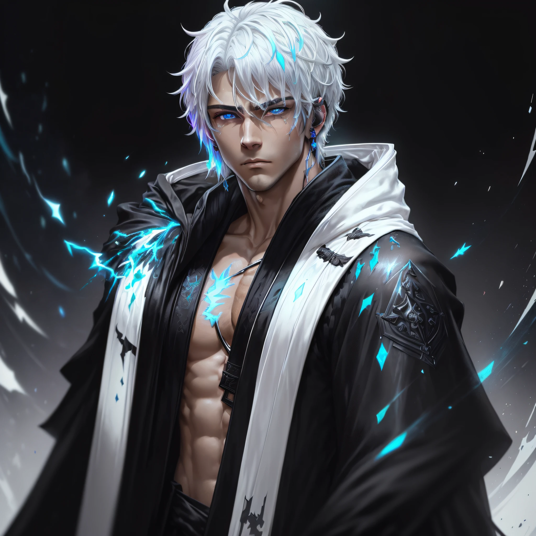 Cyberpunk male, fantasy world, dark background, clean design, epic instagram, artstation, colorful paint splatter, silhouette, hyper detailed intricate details, unreal engine, fantasy, intricate details, splash screen, complementary colors, Fantasy concept art, 8k resolution, deviantart masterpiece, oil painting, heavy strokes, paint dripping, (isolated on white background: 1.3), rainbow skin, (((handsome young man))), ((age:1.5) ), (glowing blue eyes), ((light eyes)), ((((short white hair: 1.1))), ((black clothes)), (prince\\(indifferent expression\\),, ( ((Wears high detail luxurious black robe))), white hair, (chest) --auto --v 6 --s2