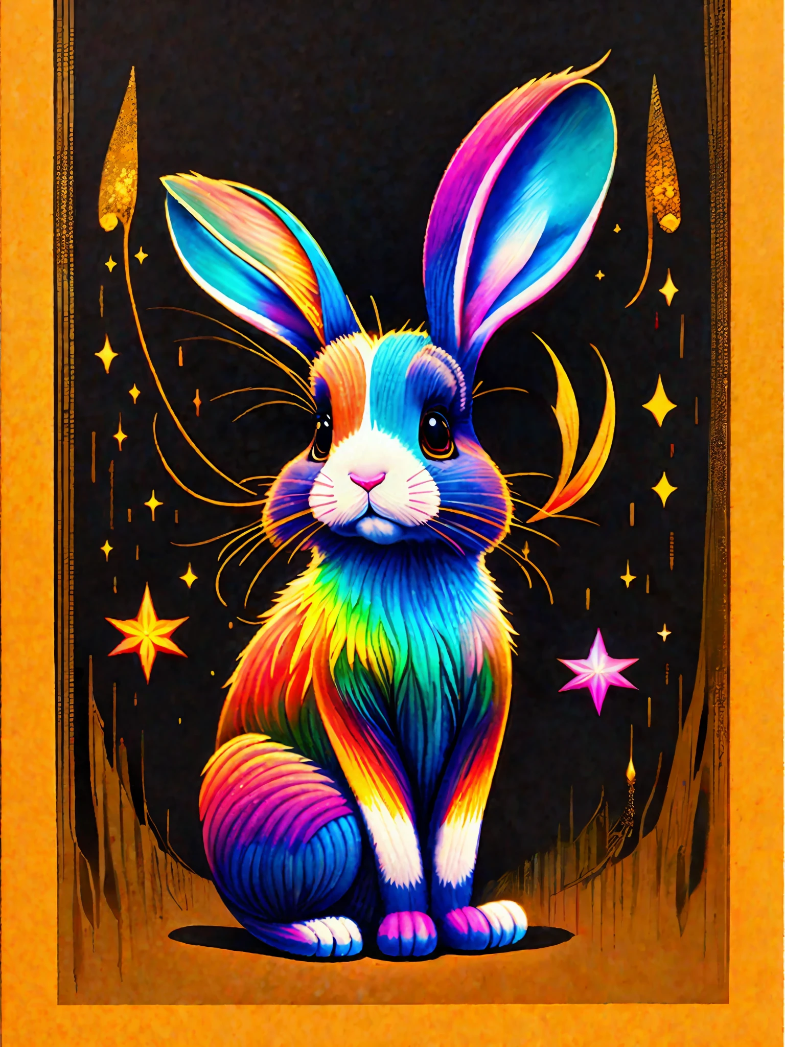 a painting of a colorful droopy-eared rabbit on a black background,, breathtaking rendering, within a radiant connection, inspired by Kinuko Y. Craft,, magical elements, droopy-eared rabbit icon, wow, it's gorgeous, casting a multi colorful spell, bright flash, flash