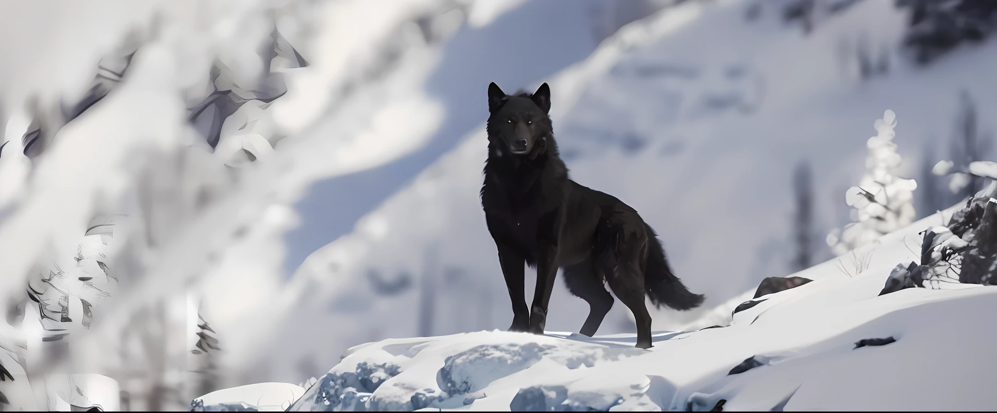 There is a black wolf standing on a snowy side of the mountain, black wolf, black wolf guard, he has yellow wolf eyes, dark gray wolf, fenrir, wolf in a snow field, wolf photo, big wolf, furry wolf, an anthropomorphic wolf, wolves, wolf, terrible wolf, dramatic skin detailed cinematic HD