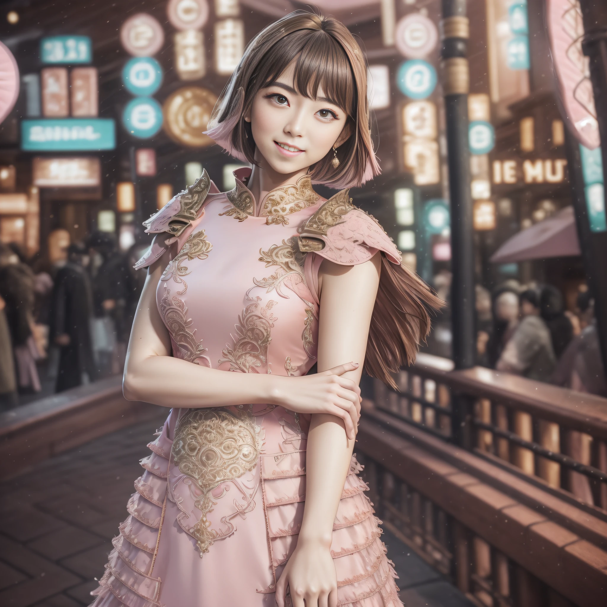 best quality, 8K, HDR, highres, absurdres:1.2, blurry background, bokeh:1.2, Photography, (RAW photo:1.2), (photorealistic:1.4), (masterpiece:1.3), (intricate details:1.2), 1girl, solo, japanese girl, delicate, beautiful detailed, (detailed eyes), (detailed facial features), petite, beautiful and clear eyes, detail eye pupil, (((large breasts))), ((((short hair)))), ((((brown hair)))),skin tight, (looking_at_viewer), from_front, (skinny), (best quality:1.4), (ultra highres:1.2), cinema light, (extreme detailed illustration), (lipgloss, best quality, ultra highres, depth of field, caustics, Broad lighting, natural shading, 85mm, f/1.4, ISO 200, 1/160s:0.75),1girl, solo, ((smile)), (((slim body))), (ulzzang-6500-v1.1:0.5), upper body, ((((pink formal dress:1.2)))), standing,(pureerosface_v1:0.5), Tokyo street,night, cityscape,city lights, close up, --auto --s2