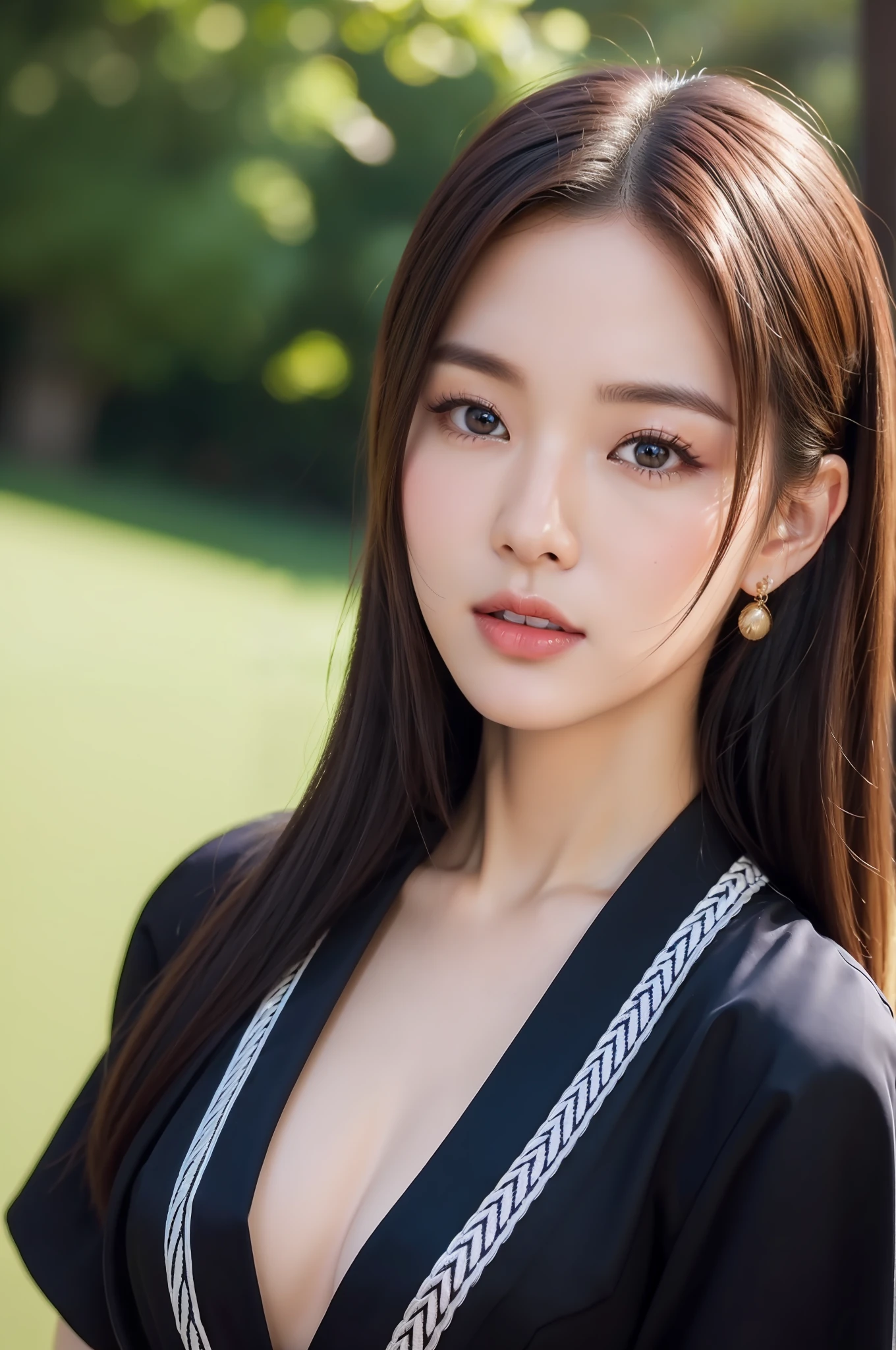 ((Top Quality, 8K, Masterpiece: 1.3)), Sharp Focus: 1.2, (Super Beautiful Face: 1.0), (Slender Abs Beauty: 1.0), (Shiny Skin: 1.0), Realistic Photography, Black Hair, Realistic Pupils, Video Lighting, High Definition Eyes and Face, Video Lighting, (Cowboy Shot: 1.3), kimono, hakama, obi, (Korean Cute Actress)