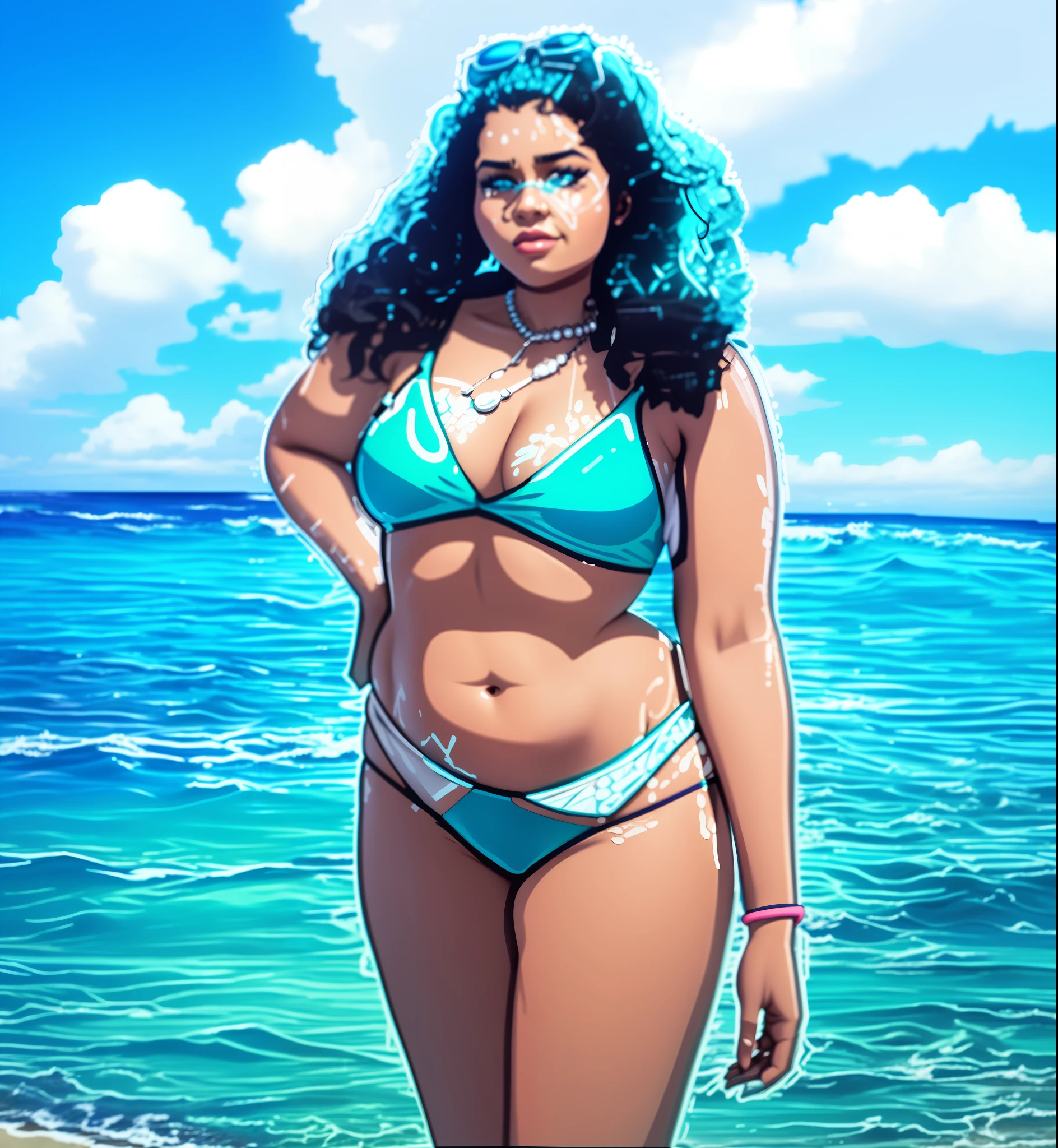 There is a bikini woman standing on the beach, is wearing swimsuit, slim waist and thick hips, wearing two-piece swimsuit, full body bikini, wearing pearl neon bikini, thick body, 18-year-old woman from Cuba, beautiful and thick woman, wearing bikini, wider hips, bikini, high quality image