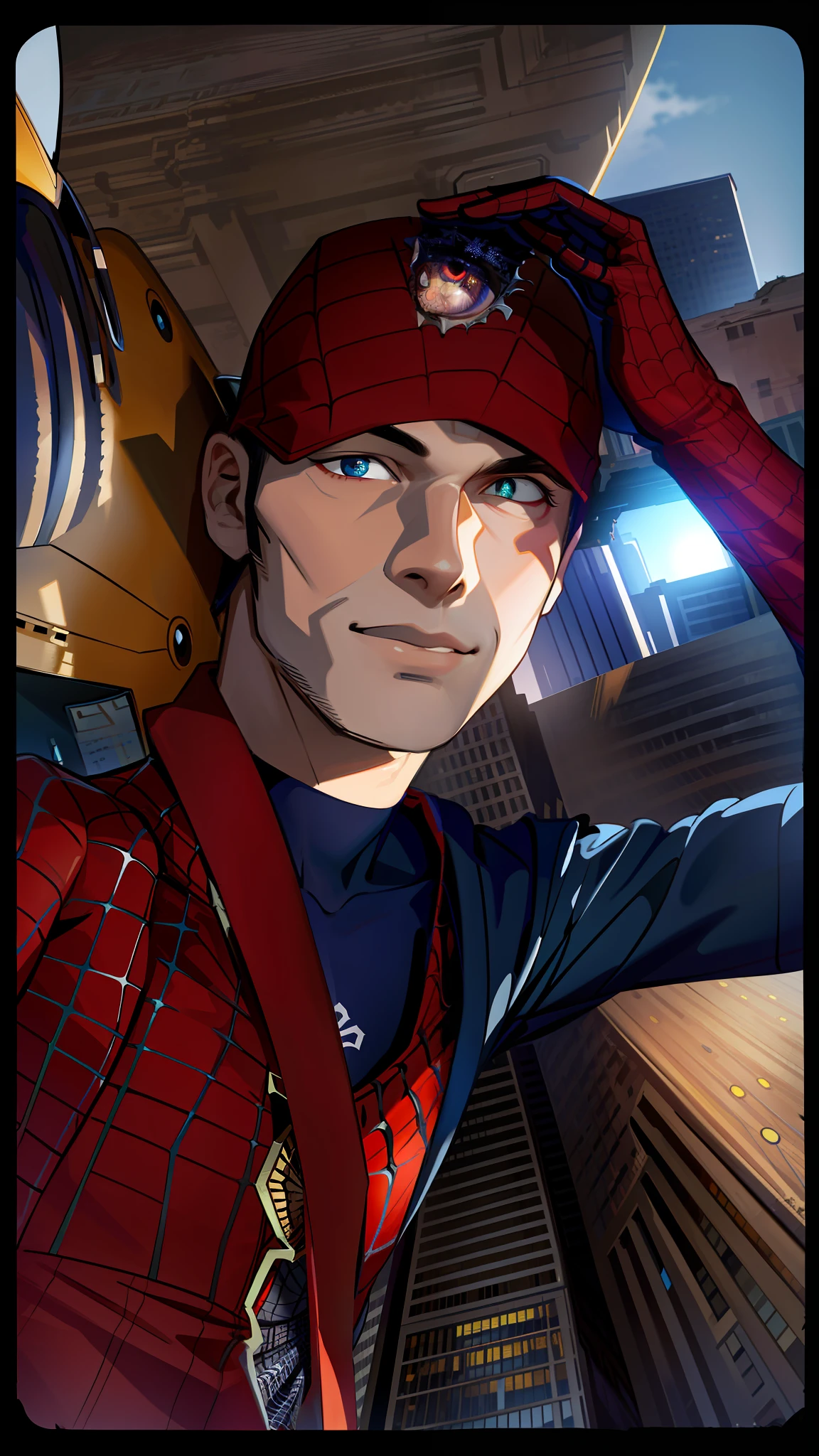 spider suit, spider web print, spider web, spider-man
Masterpiece, absurdres, fine detail, HDR, ((highly detailed face and eyes)), photorealistic,
focus on eyes,
standing on the roof of a skyscrapper, ((unmasked)), looking at viewer, smiling, short brown hair,
new york buildings background,