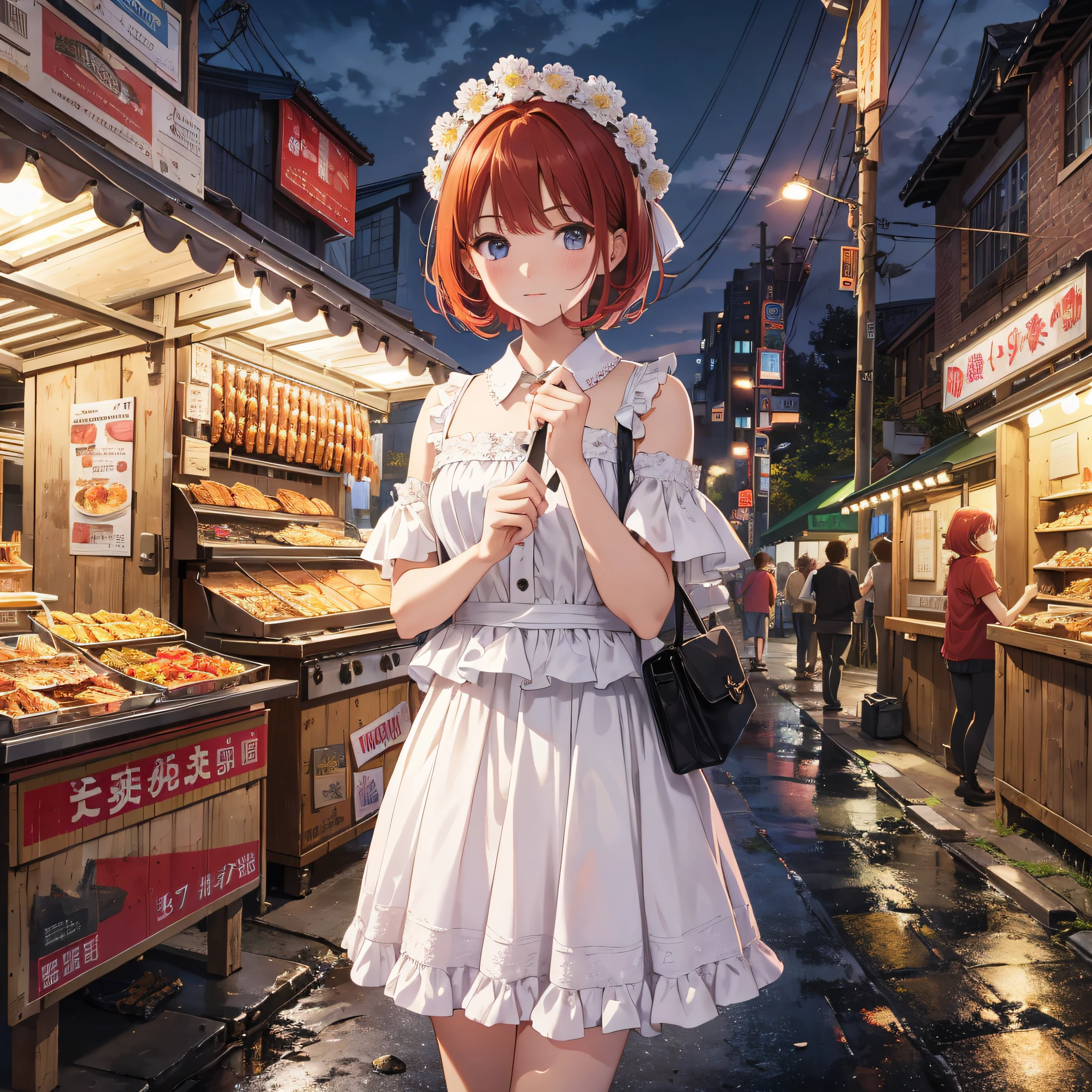 Absurd resolution, high resolution, (masterpiece: 1.4), hyper-detailed, at night, standing on the side of the road, nearby is a barbecue food stall, 1 young woman, short red hair, white skirt, shy expression