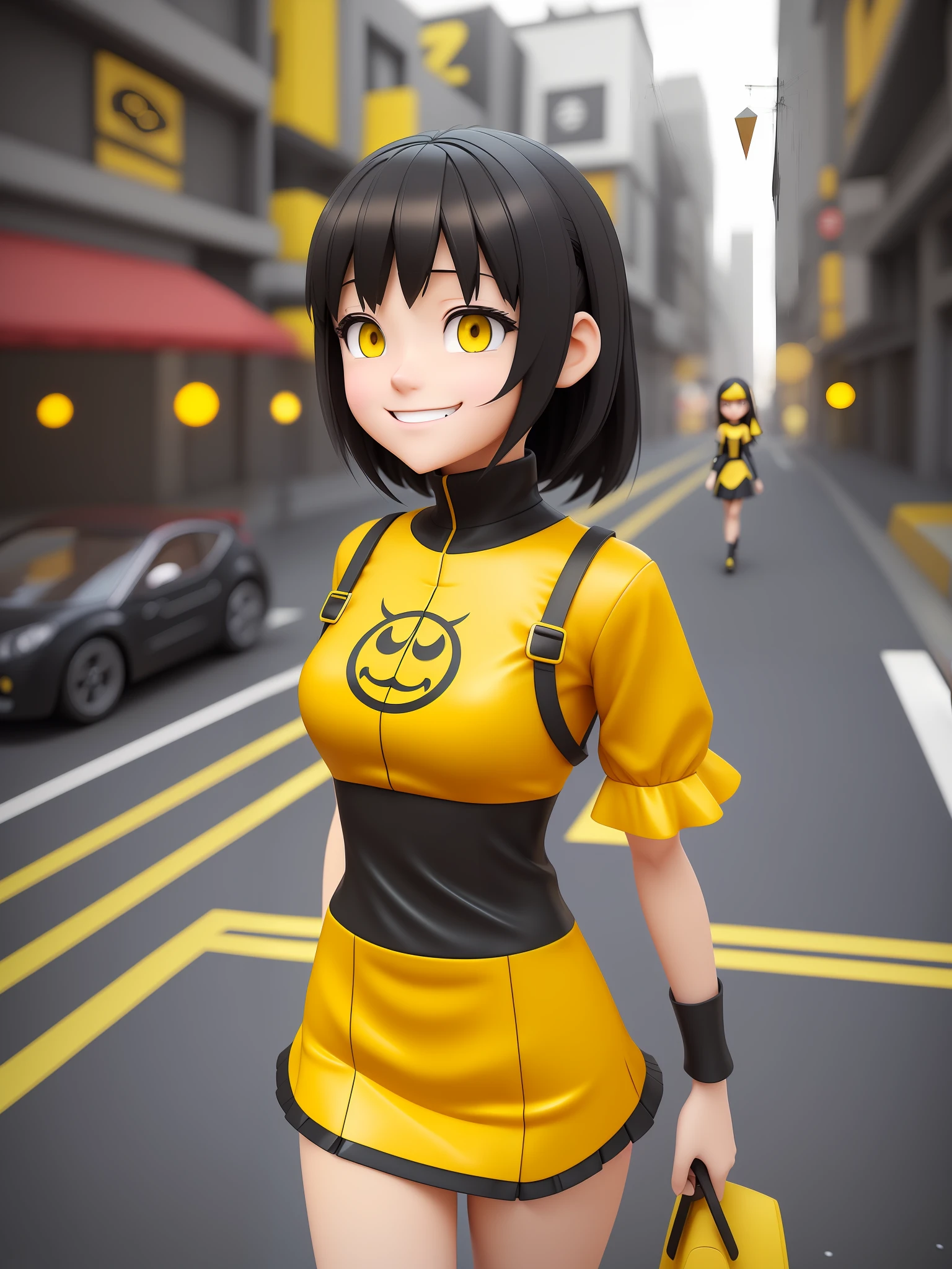 Young girl, a cartoon character dark yellow outfit, expression with ((melancholic smile)), (dark hair up to shoulder), (yellow eyes), stylized character, animation character, stylized 3d render, 3d character, highly detailed character, stylized anime, stylized 3d, render character, character model, closeup, maximum quality, walking in the city
