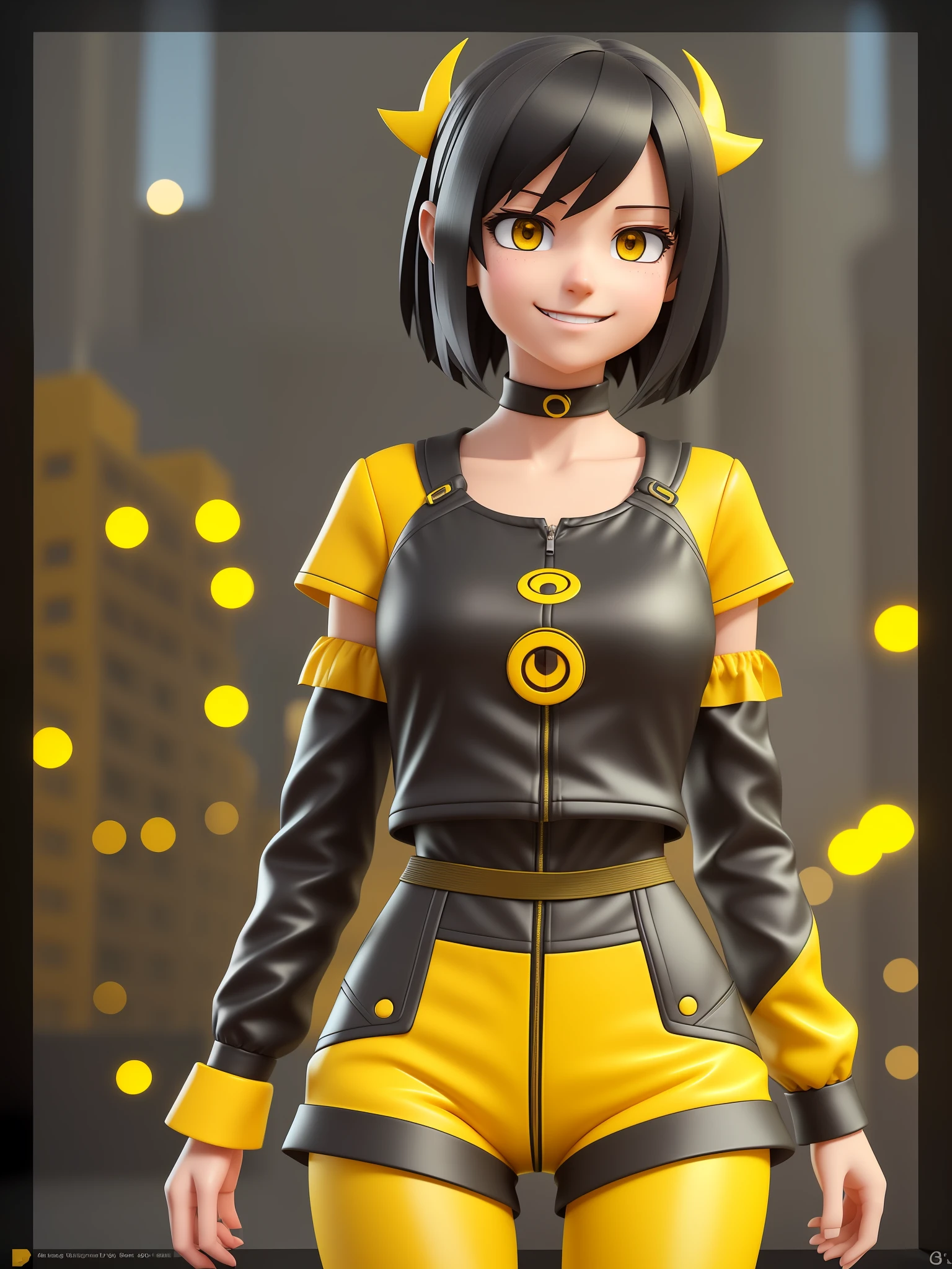 Young girl, a cartoon character dark yellow outfit, expression with ((melancholic smile)), (dark hair up to shoulder), (yellow eyes), stylized character, animation character, stylized 3d render, 3d character, highly detailed character, stylized anime, stylized 3d, render character, character model, closeup, maximum quality, walking in the city