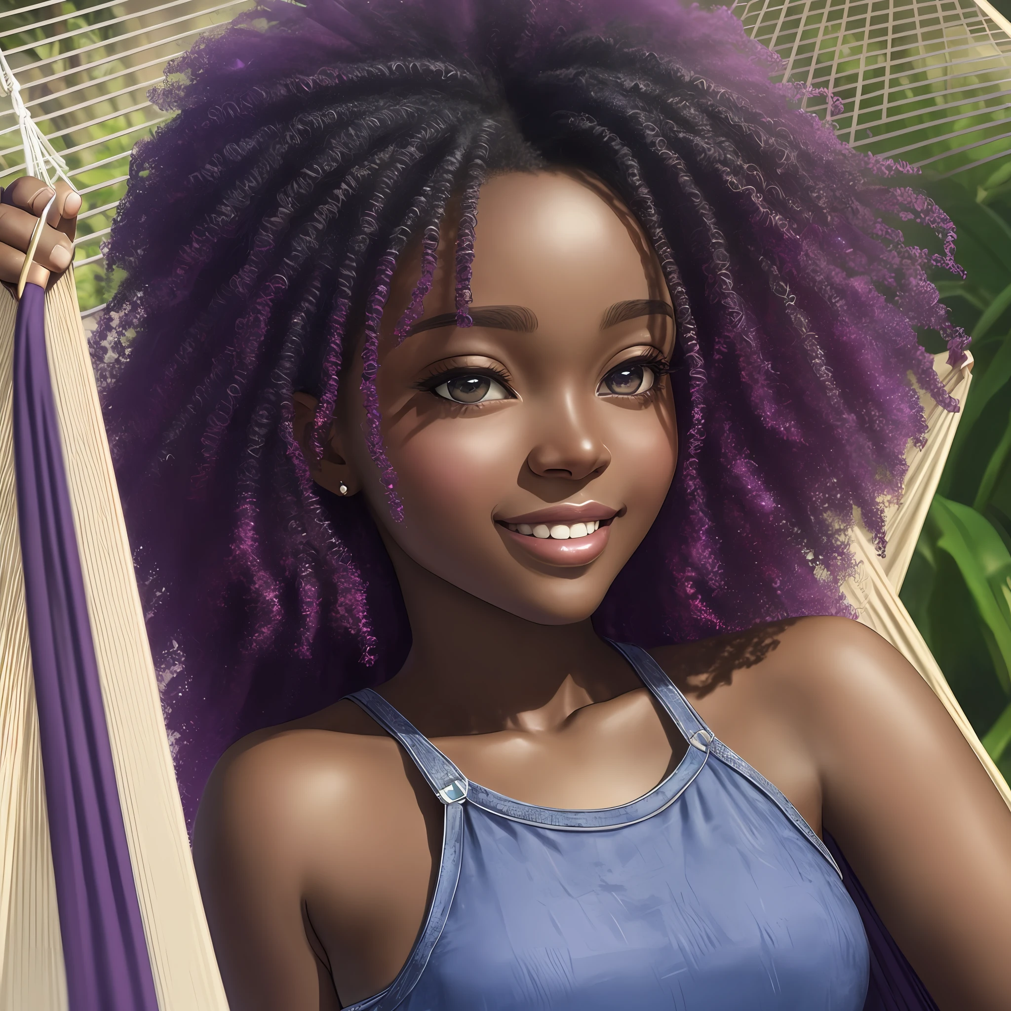 realistic portrait of a beautiful 9  afro-futuristic baby girlark skin color)) eating fruit, ((chibi)), cute smile, ((sitting in hammock)), wearing plain purple T-shirt and jeans, current fashion , mega hair long curly hair, ((kanekalon)), (cinematic contour lighting), close-up, product preview, detailed facial details, perfect face, sharpness, trend art, sharp facial details, cgsociety , very high art quality digital, exquisite hyperdetail, 4k, 3D, 8k soft lighting, dreamy --iso 100, fashion --ar 9:16  --s --auto --s2