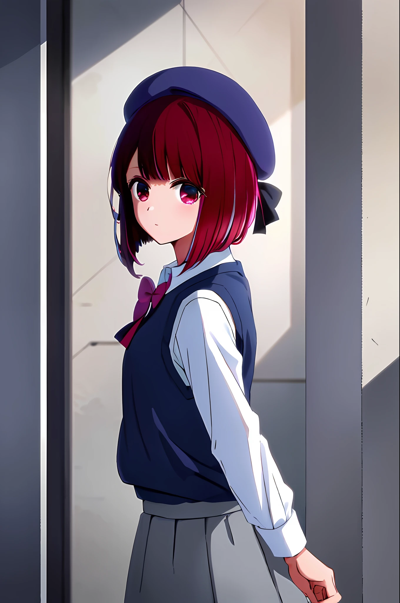 masterpiece, high quality, 8k, beautiful lighting, kanaarima, blue hat, hat, bow, pink bowtie, skirt, grey skirt, 1girl, solo, upper body, sweater vest, shirt, white shirt, (+++++looking back:1.2)