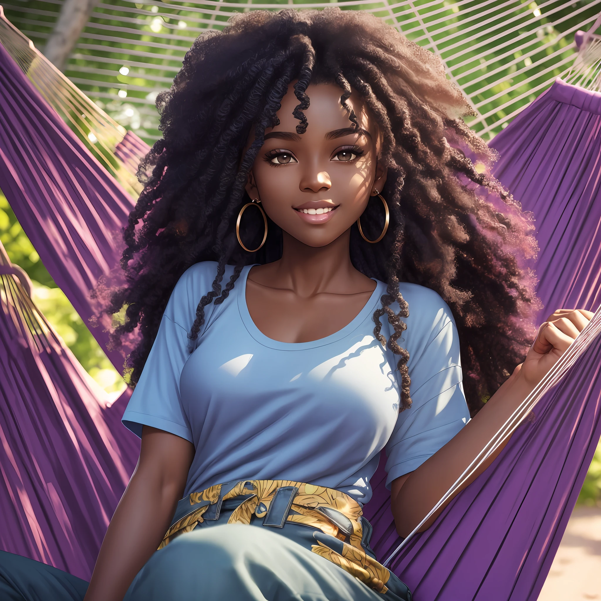 realistic portrait of a beautiful 9  afro-futuristic baby girlark skin color)) eating fruit, ((chibi)), cute smile, ((sitting in hammock)), wearing plain purple T-shirt and jeans, current fashion , mega hair long curly hair, ((kanekalon)), (cinematic contour lighting), close-up, product preview, detailed facial details, perfect face, sharpness, trend art, sharp facial details, cgsociety , very high art quality digital, exquisite hyperdetail, 4k, 3D, 8k soft lighting, dreamy --iso 100, fashion --ar 9:16  --s --auto --s2