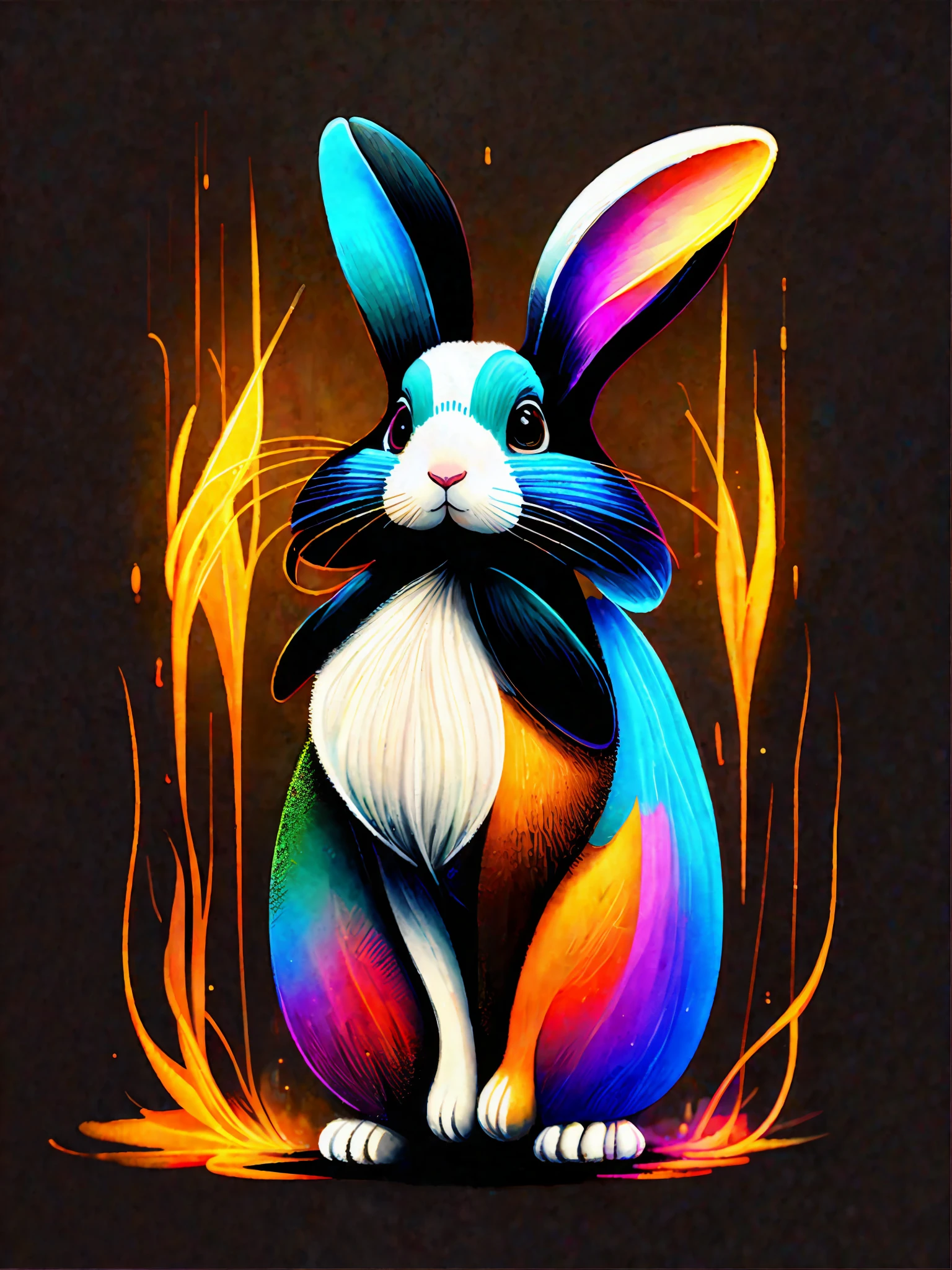 a painting of a colorful droopy-eared rabbit on a black background,, breathtaking rendering, within a radiant connection, inspired by Kinuko Y. Craft,, magical elements, droopy-eared rabbit icon, wow, it's gorgeous, casting a multi colorful spell, bright flash, flash
