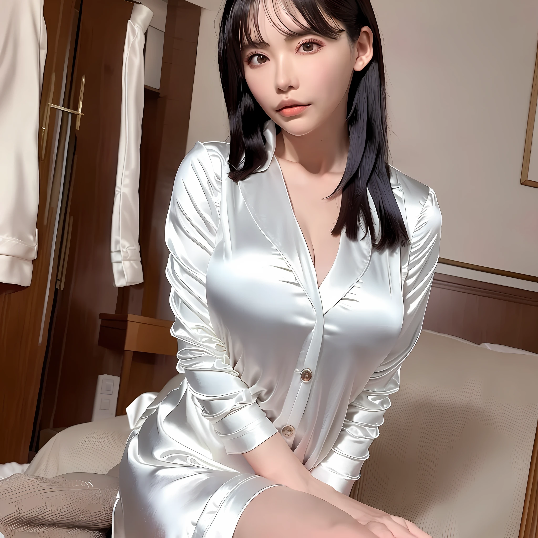 wear a satin wrench coat, the material of the satin wrench coat and satin blouse is shiny, soft and smooth to the touch, the buttons on the satin wrench coat are large, the buttons in front of the satin wrench coat are fastened, and the underwear is not worn, the collar of the satin blouse must be taken out of the satin wrench coat, satin blouse that fits the body, chest is C cup, Japan fashion model, whole shot, one beauty, the place is a hotel bedroom, the eyes are clear double, wet lips and appeal,