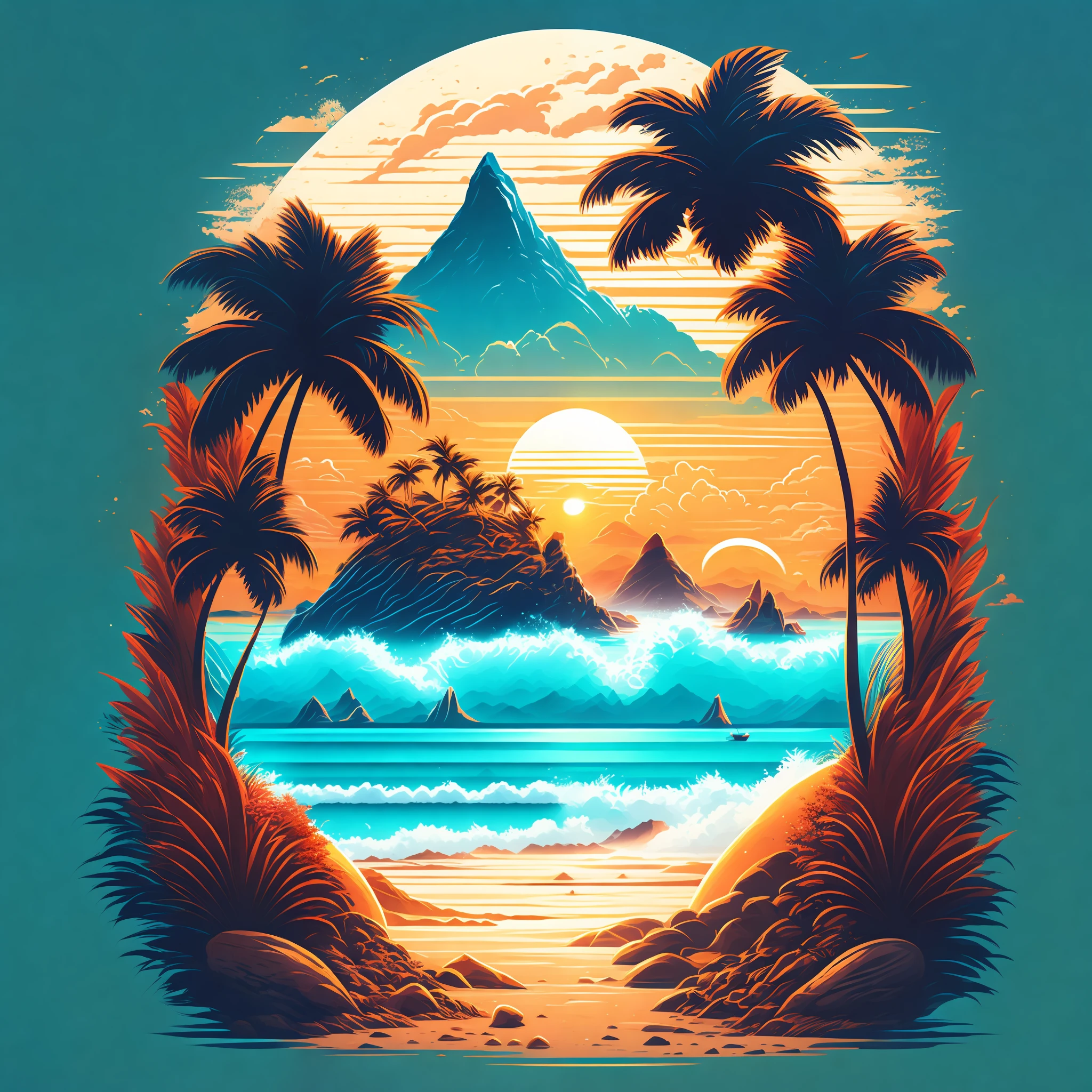 A beach in a summer landscape, T-shirt design, Midjourney, Vector Art, Hydro74