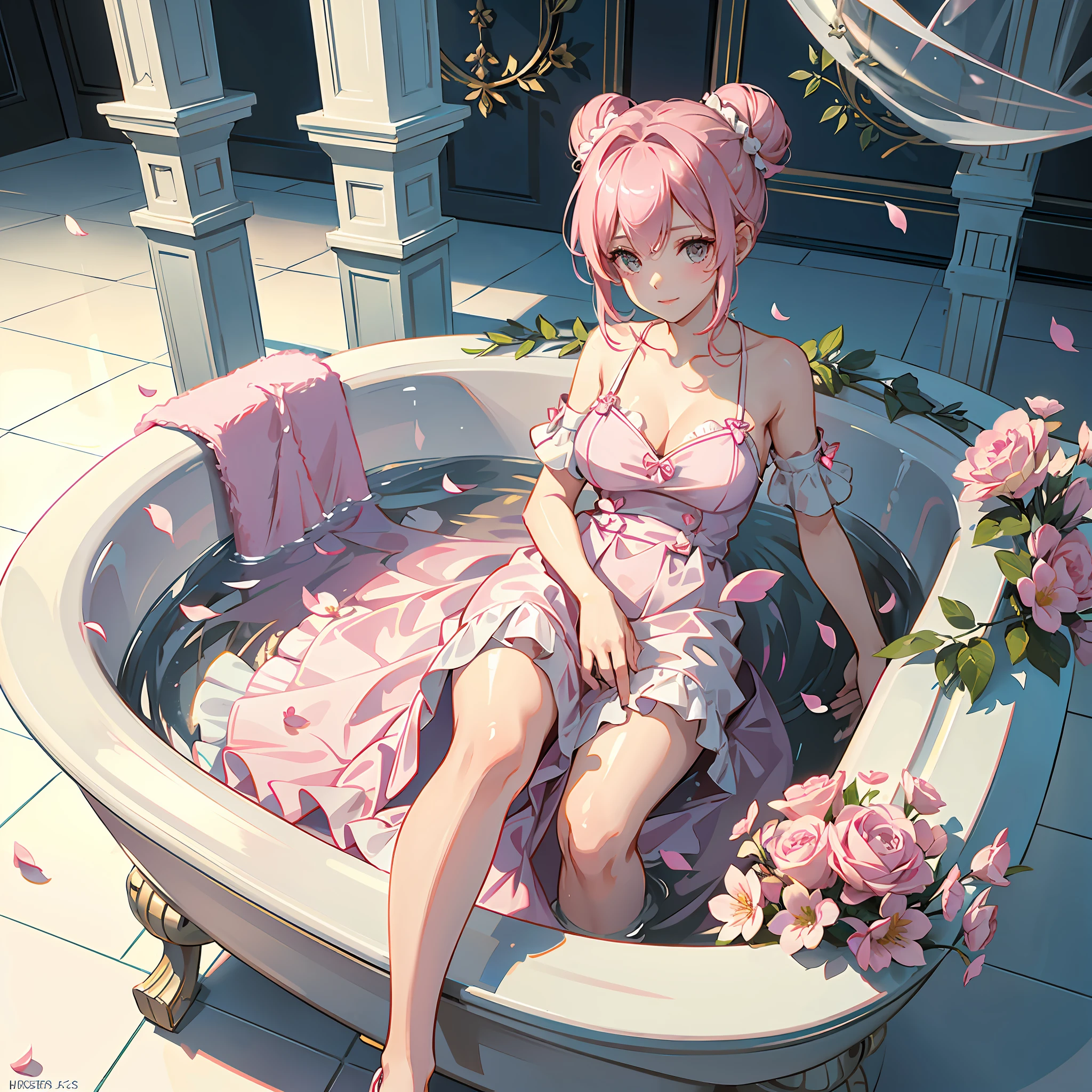 a young woman inside an ample elegant bathtub, the water is filled with pink soapy bubbles. There are plastic duckies floating in the tub and some outside in the room. The room has beautiful tiles with detailed patterns, there is some water splashes and drops. Theres a few flower petals around and cute decor like pink towels and shoes arranged in a corner. She has white hair styled in two buns. is wearing modest clothing with transparent pieces. Overall a magical and illusive scene --auto --s2