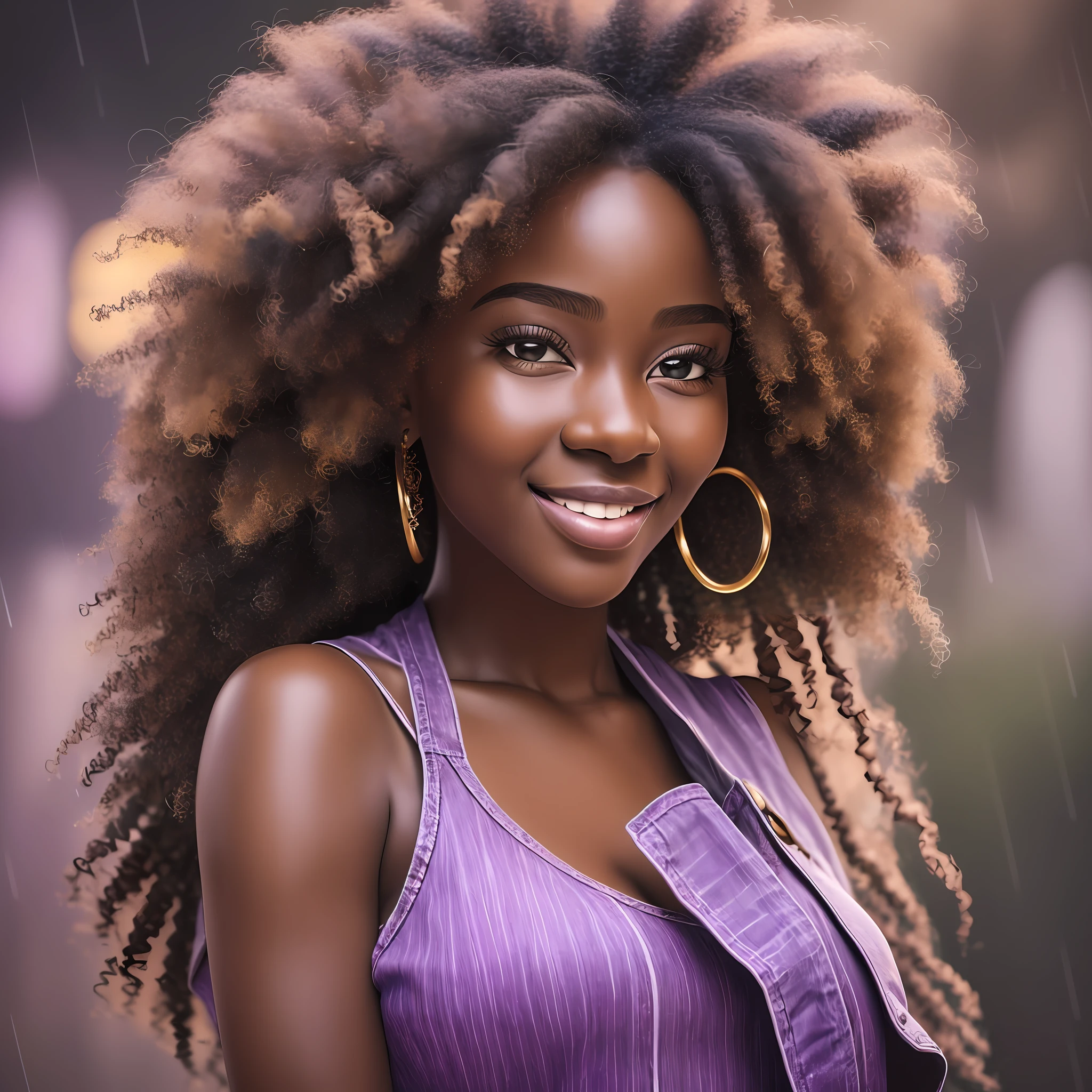 realistic portrait of beautiful 9 month old afro-futuristic baby girl ((dark skin color)) eating fruit, ((chibi)), cute smile, ((in the rain)), wearing purple plain t-shirt and jeans, current fashion, mega hair long curly hair, ((kanekalon)), (cinematic contour lighting), close-up, product preview, detailed facial details, perfect face, sharpness, trend art, sharp facial details, cgsociety , very high digital art quality, exquisite hyperdetail, 4k, 3D, 8k soft lighting, dreamy --iso 100, fashion --ar 9:16 --s --auto --s2