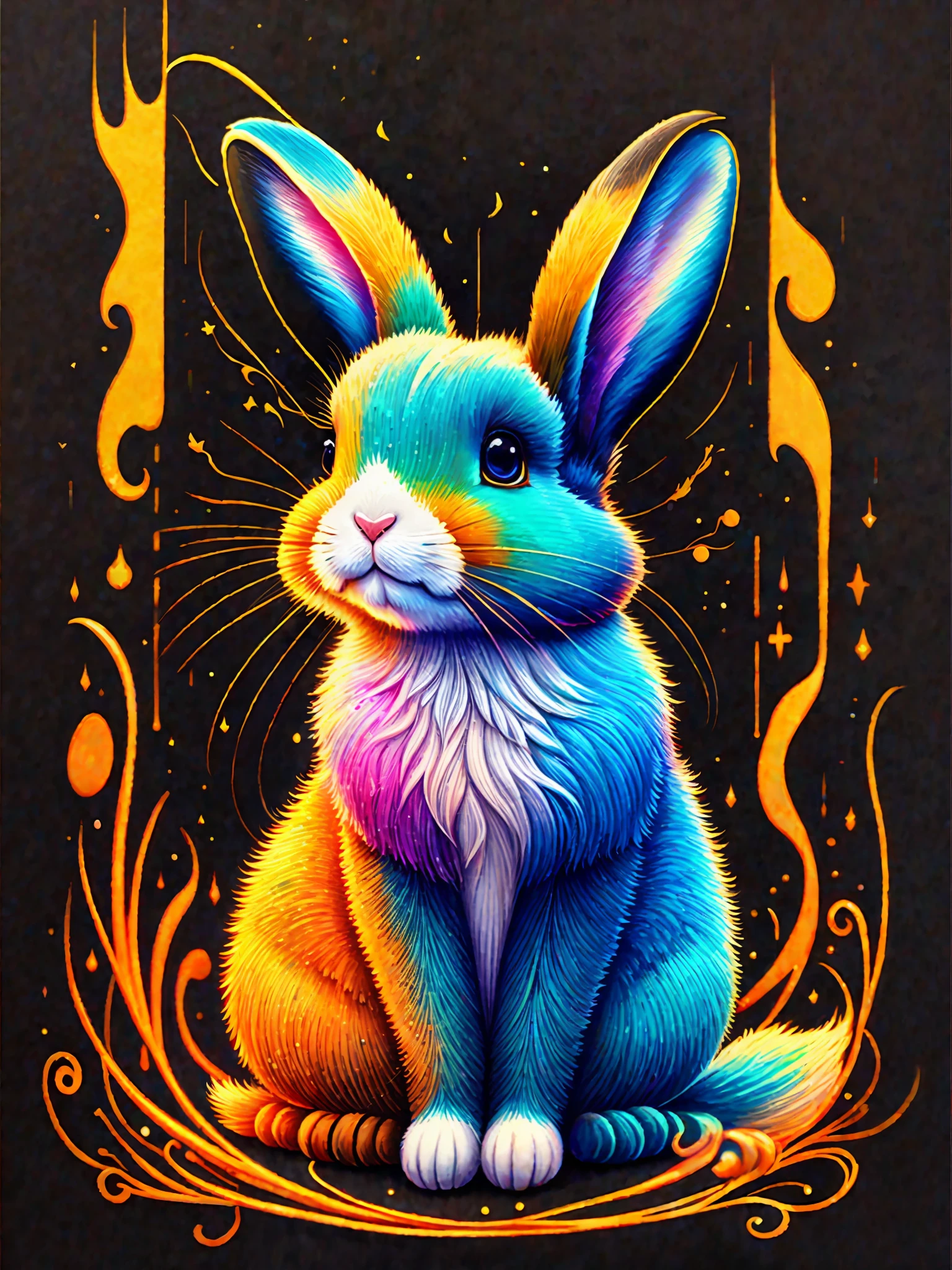 a painting of a colorful droopy-eared rabbit on a black background,, breathtaking rendering, within a radiant connection, inspired by Kinuko Y. Craft,, magical elements, droopy-eared rabbit icon, wow, it's gorgeous, casting a multi colorful spell, bright flash, flash