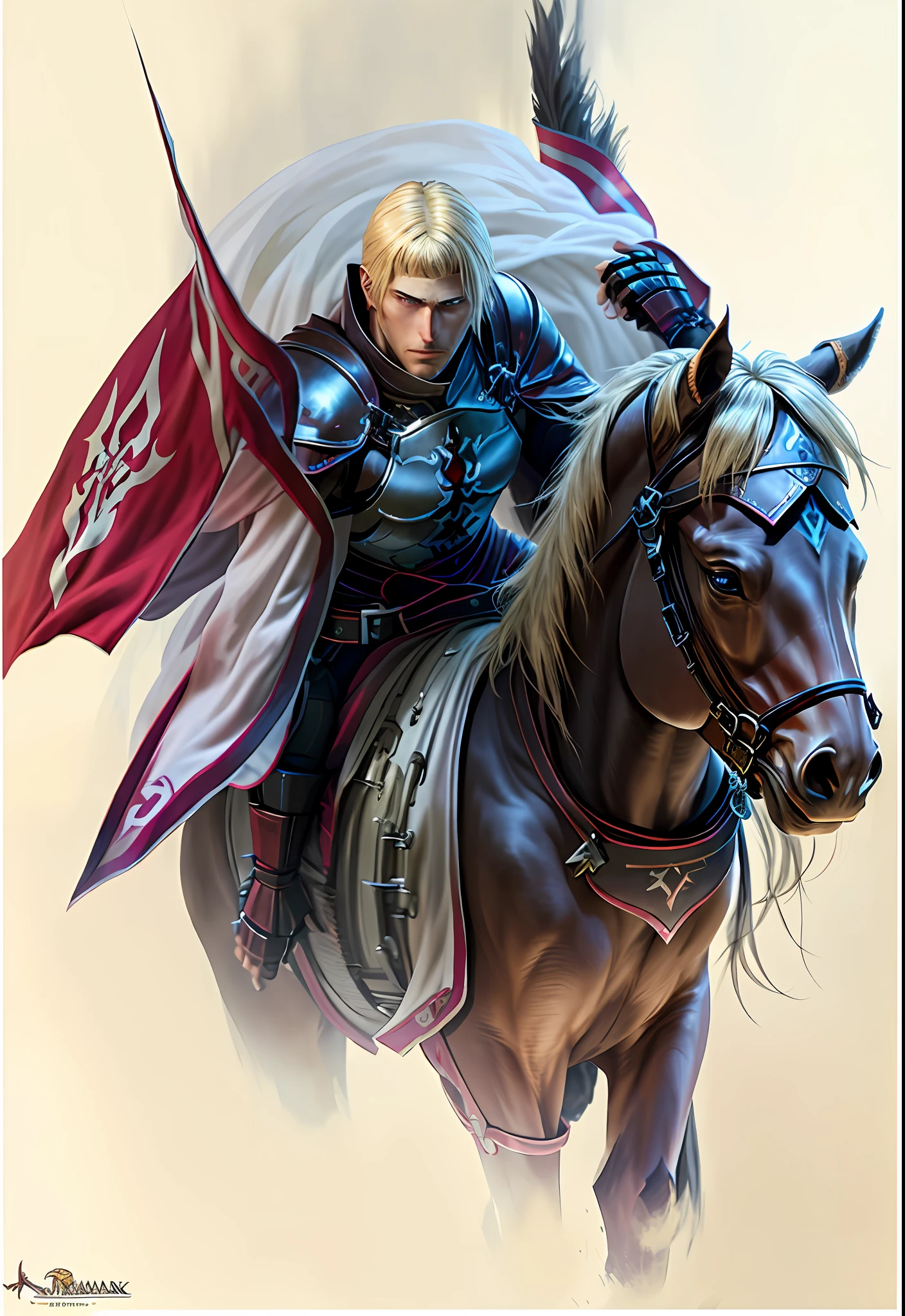 Templars, heavily armored knights on heavily armored war horses, exude a sacred aura, swords and shields, handsome faces, handsome blond men, type men