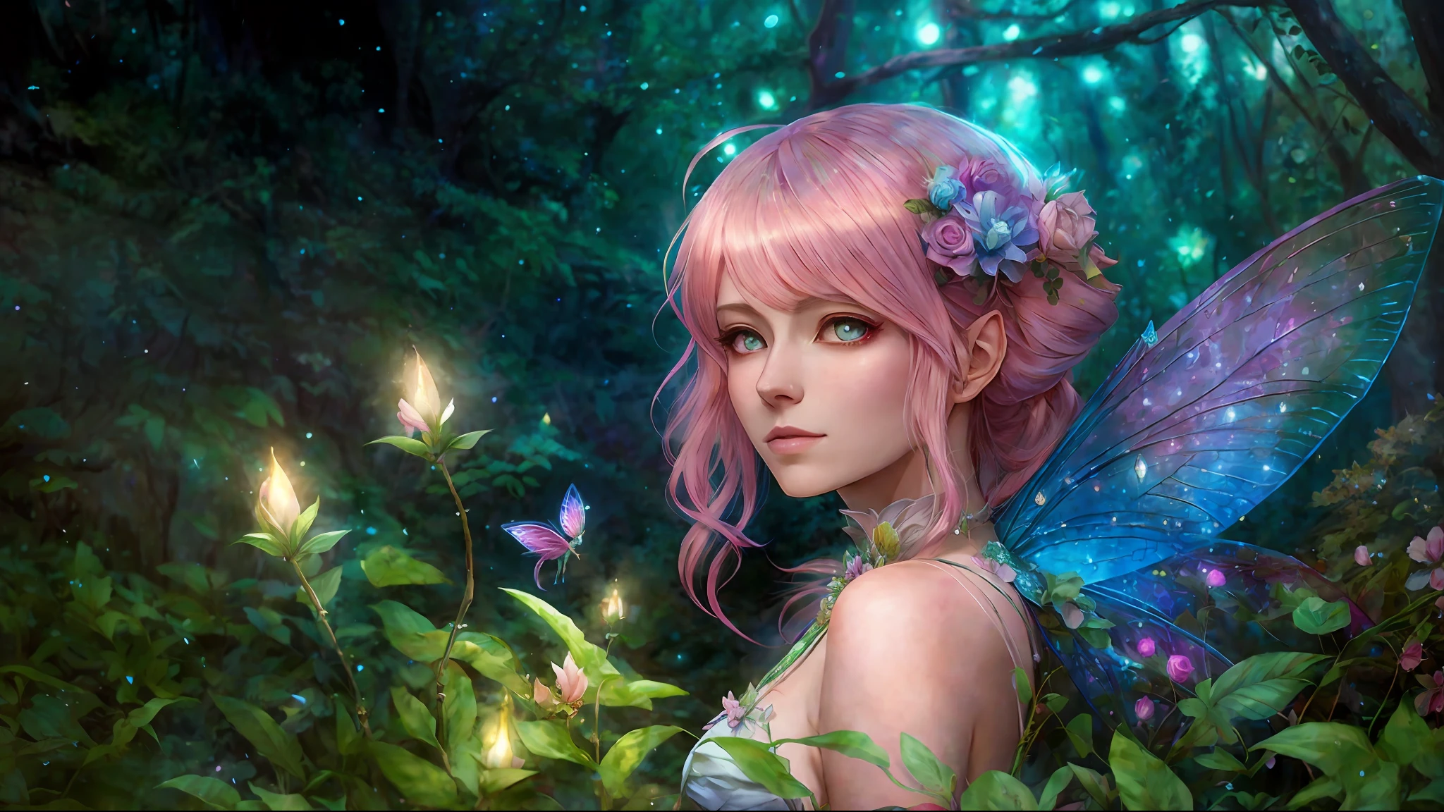 there is a fairy with pink hair and a fairy dress, portrait of fairy, portrait of a fairy, fantasy art style, beautiful fairy, anime fantasy artwork, beautiful fantasy art, digital fantasy art ), beautiful fantasy anime, 2. 5 d cgi anime fantasy artwork, beautiful fantasy portrait, anime fantasy illustration, epic fantasy art style hd, beautiful fairies, beautiful fairie