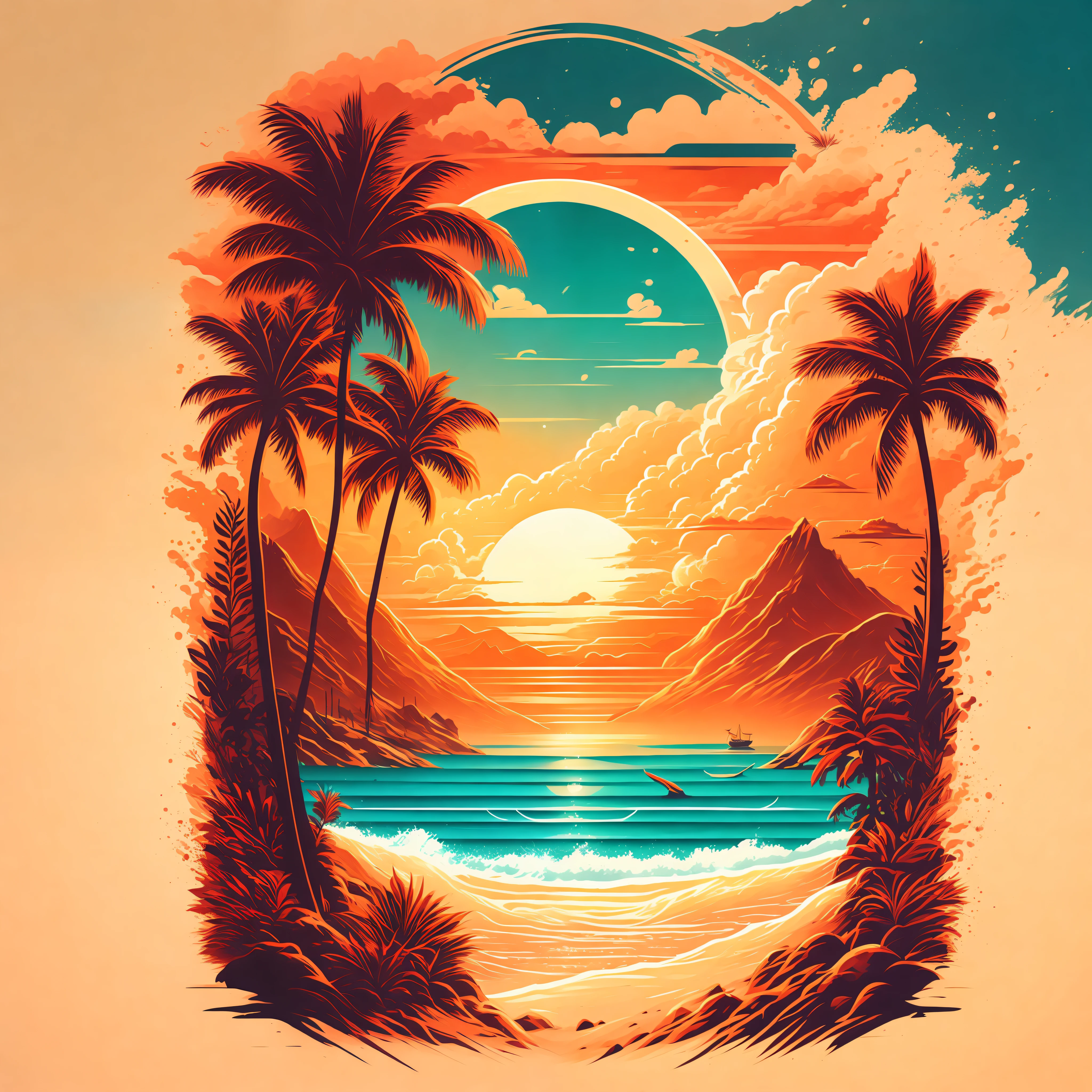 A beach in a summer landscape, T-shirt design, Midjourney, Vector Art, Hydro74