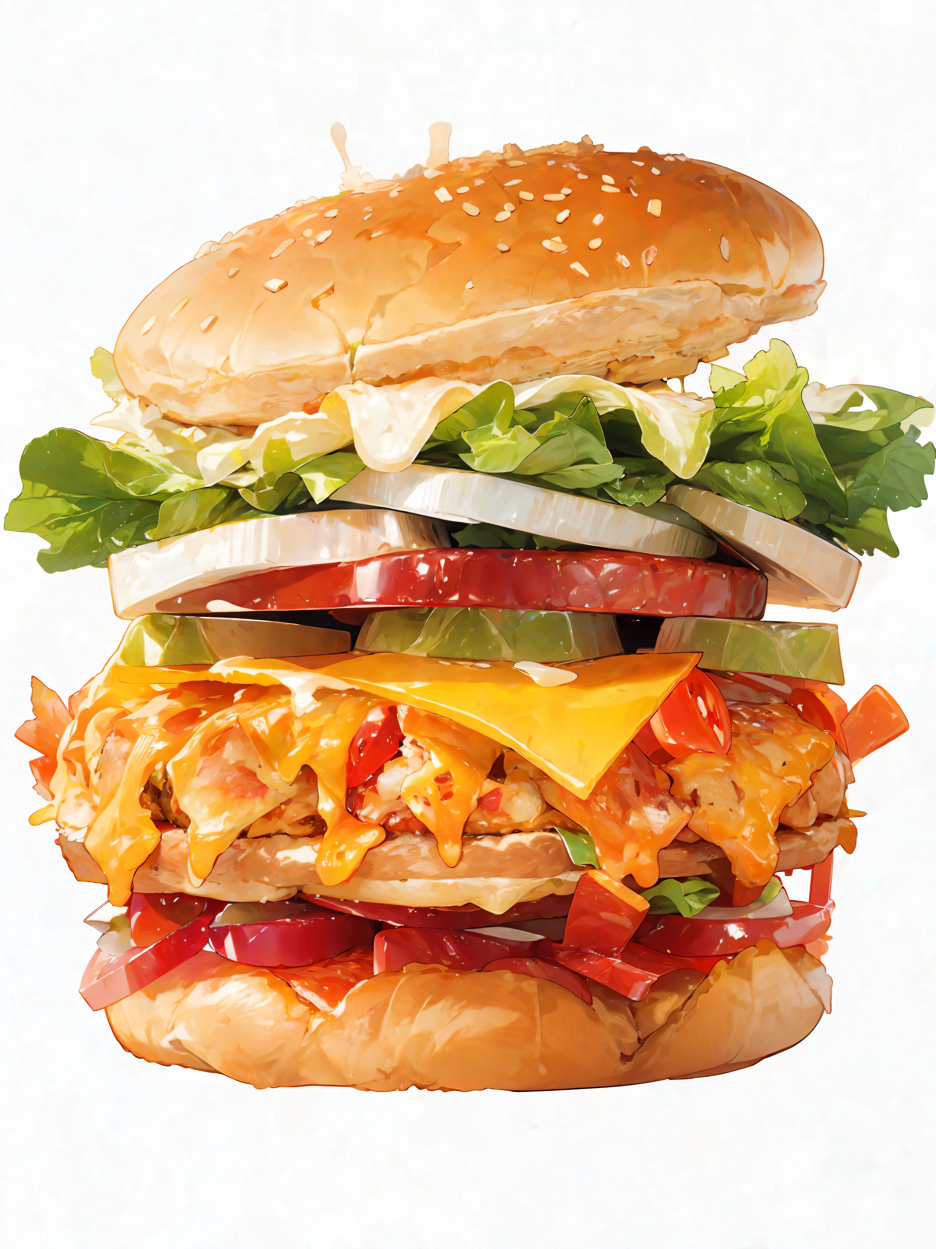 Closeup burger with lettuce, tomato, cheese and onion, chicken sandwich, kfc chicken, kfc, juicy big burger, hamburger, advertising image, fast food, surrealism, surrealism, super realistic food image, shown in photo Full thread by Randy Post, hyper realistic ", hyper realistic", high res photo