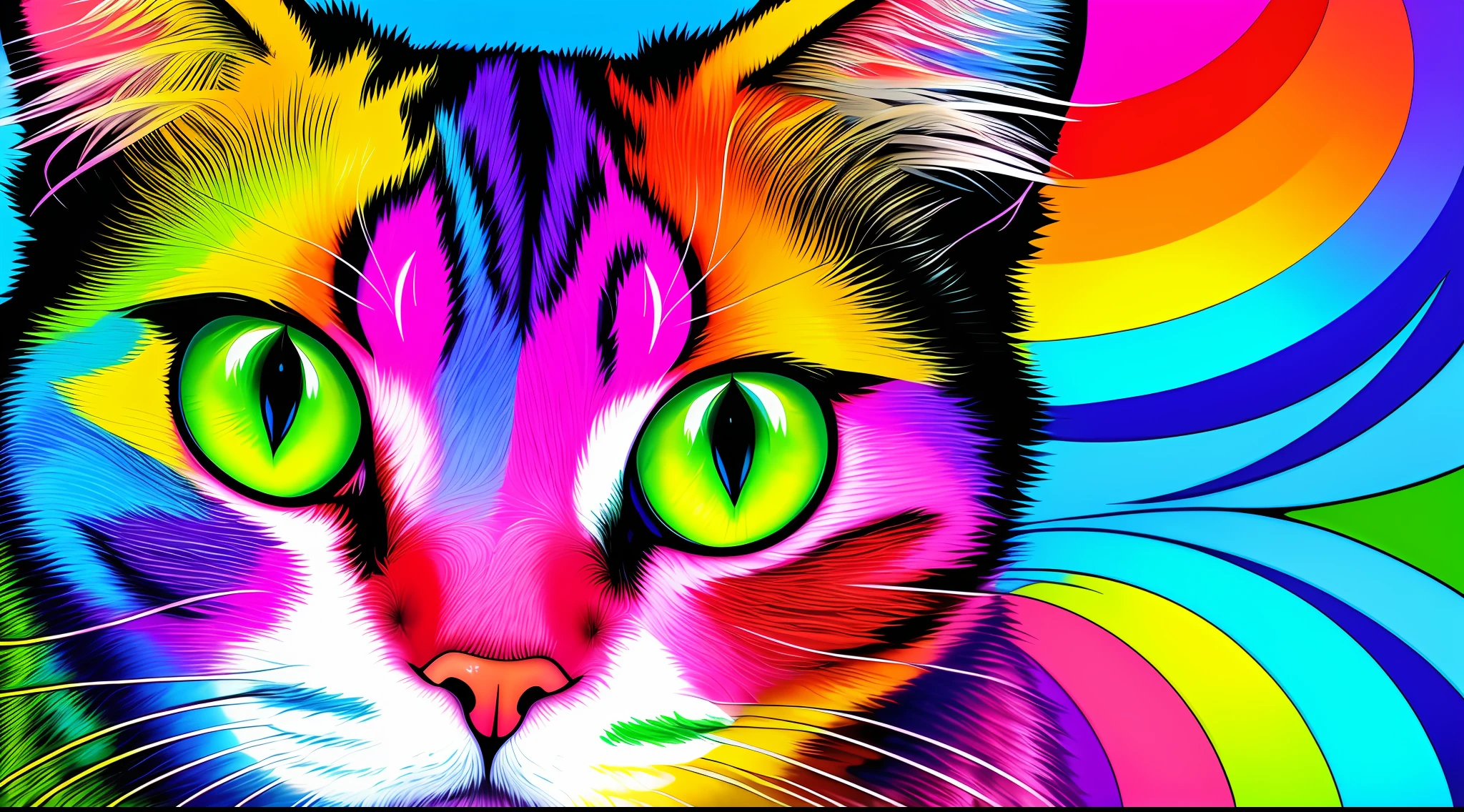 a painting of a cat with a colorful design on it, beautiful neon cats, portrait of a lisa frank, a painting of a cat, painting of a cat, cat design, in a painting of a cat, full of colors and rich detail, cat detailed, by Lisa Frank, psychedelic art style, gorgeous, lisa - frank, alex grey cat, colorful and psychedelic