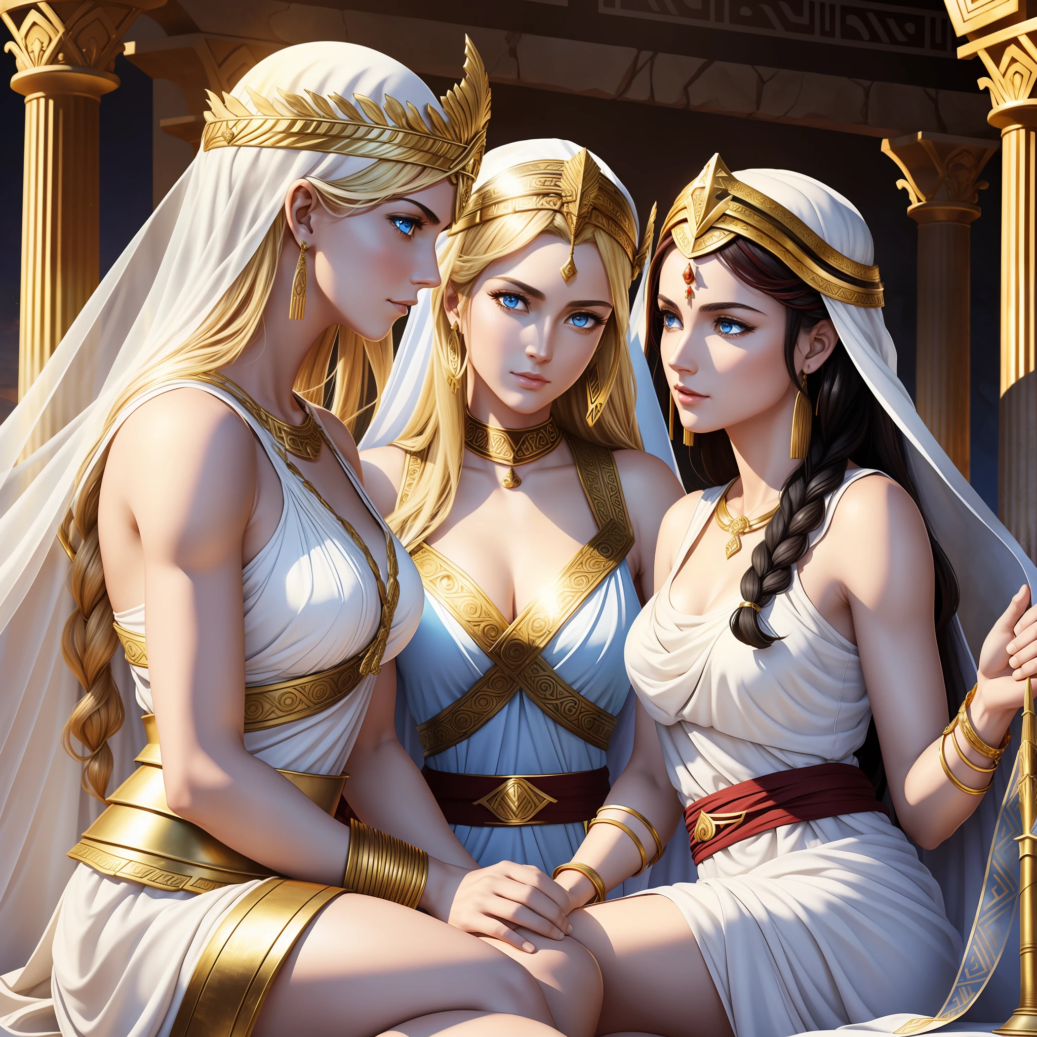 (three close goddesses) are chatting happily in an ancient Greek temple, "the first is goddess of wild nature and hunting, with (((blonde hair))) and (((blue eyes))), is fair-skinned, is tall and slender, shows off her pair of perfect long legs, wears a sleeveless (very short: 1.7) (white:1.5) greek chiton and a golden circlet", "the second is goddess of war and wisdom, with ((black hair)) and ((gray eyes)), is fair-skinned, is tall and muscled, wears ((golden armor and corinthian helmet))", "the third is goddess of hearth and fire, with ((dark red hair)) and ((dark red eyes)), is fair-skinned, wears a sleeveless long white greek toga and a veil", Greek mythology, mythological atmosphere, photorealistic, super high quality, super detail, super hand description, masterpiece, 8K, HDR