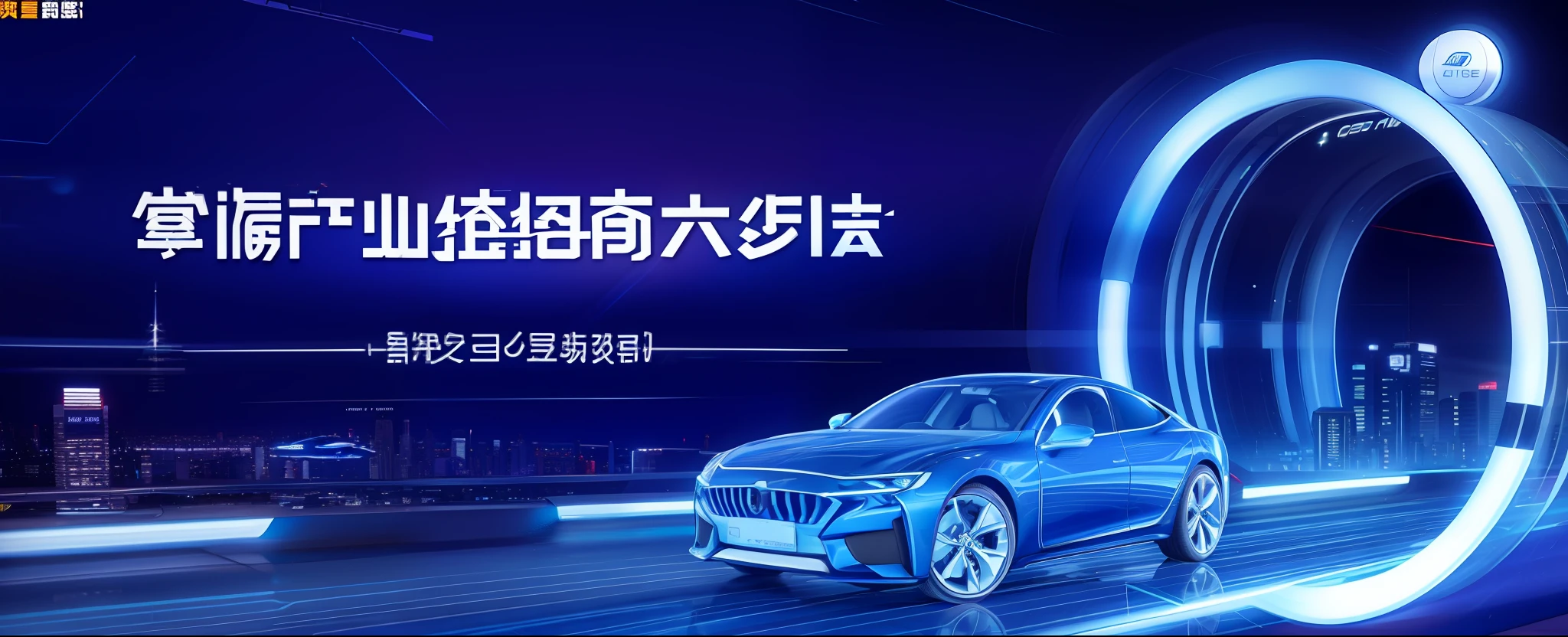 Futuristic display of a car with city as background, dynamics, futuristic technology, blue lines, panoramic view,--ar 10:1 --auto --s2