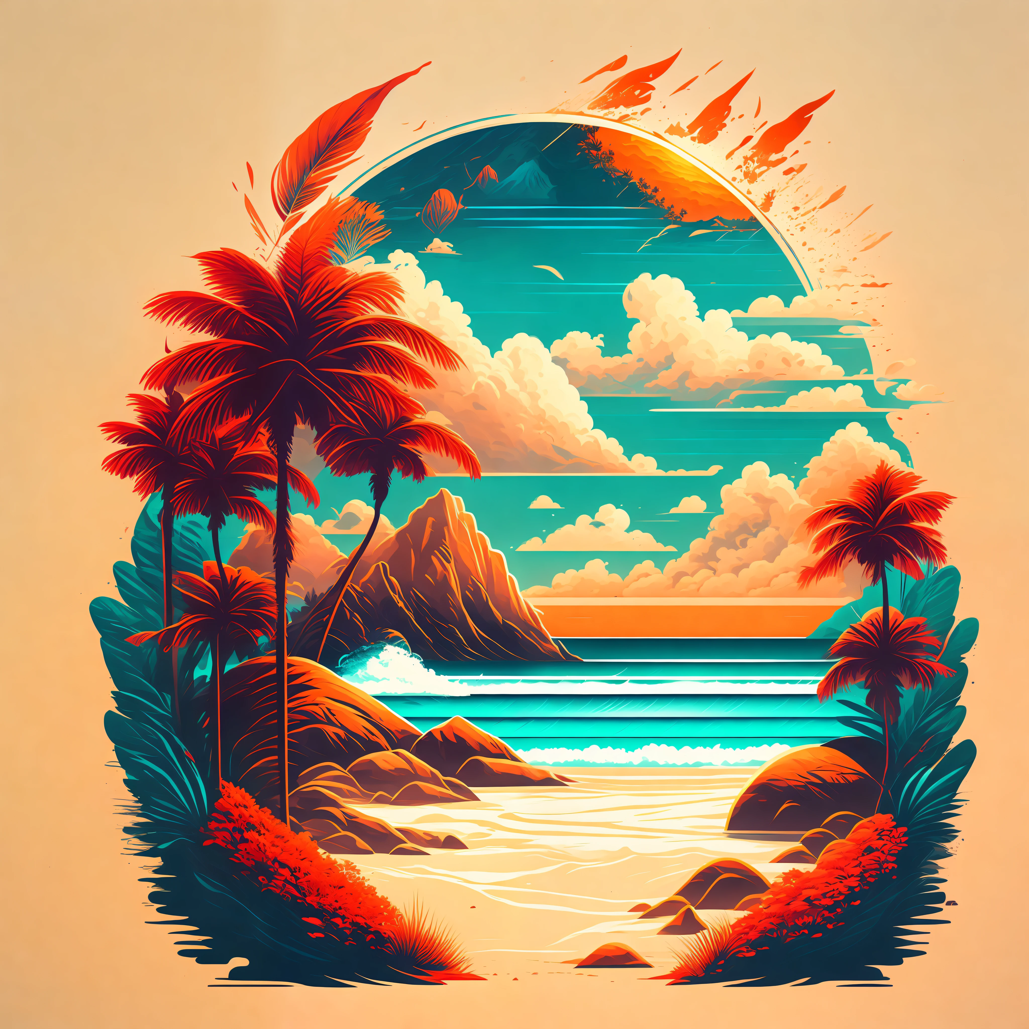 A beach in a summer landscape, T-shirt design, Midjourney, Vector Art, Hydro74