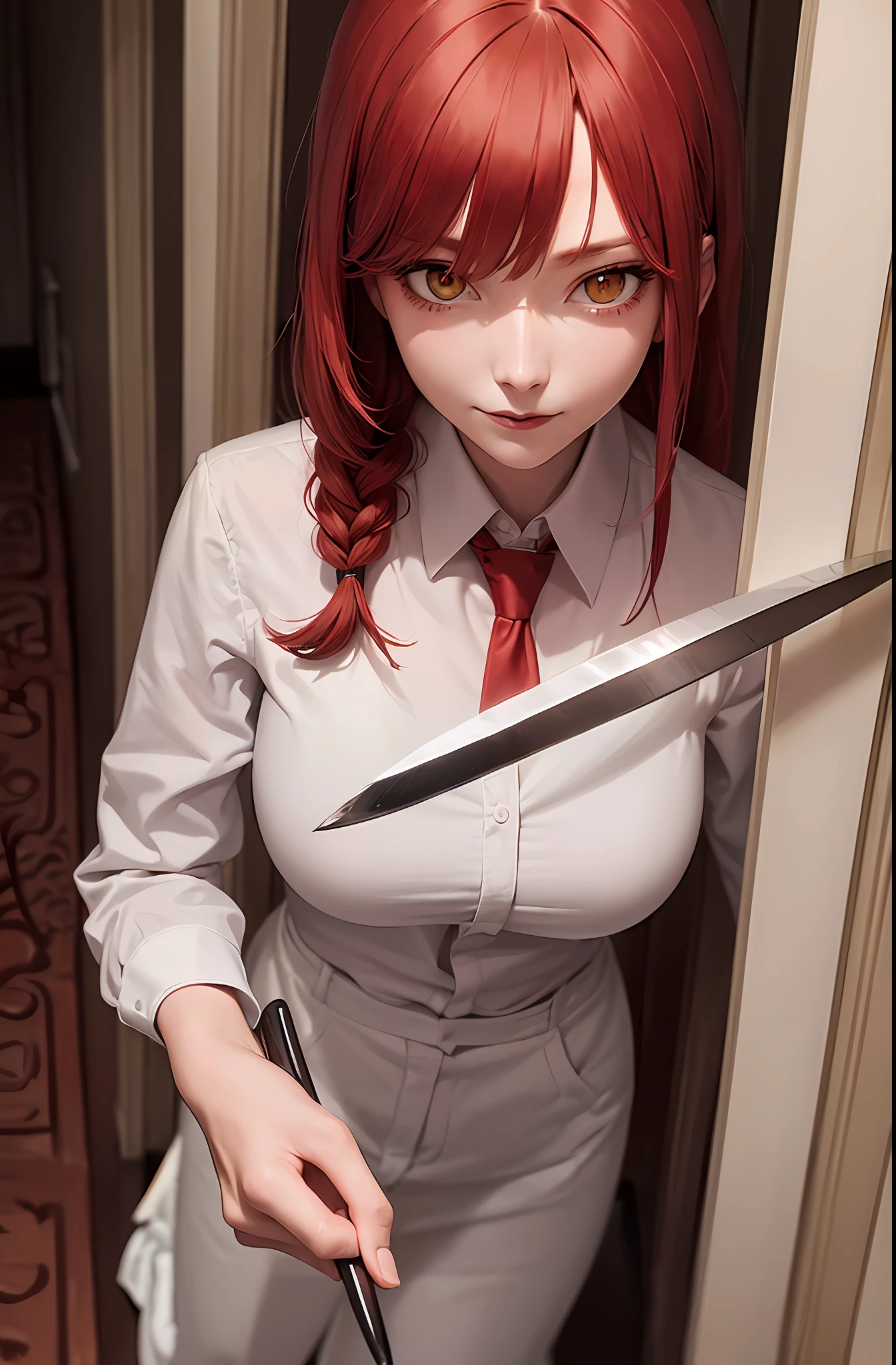 (((masterpiece))),(best quality), 1girl,solo, extremely detailed, detailed face,detailed eyes,illustration,2k,(full body:1.2),
makima \(chainsaw man\),standing, red hair, long braided hair, golden eyes, bangs, white shirt, necktie,(sinister smirk),
((In the corridor)),looking at viewer, the portrait is centered,(close-up:1.4),upper body,(from above:1.4),(wide-angle lens:1.2),(Fisheye effect:1.1),head sideways,evil,
looking at viewer, (bow one's head),(night),(Holding a knife:1.2),
scared, horrified,(constricted pupils:1.5),(crazy smile:1.2),