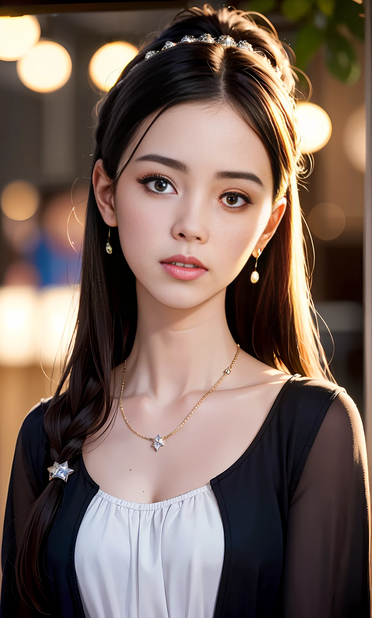 (8k, RAW photos, best quality, High resolution: 1.1), (surreal: 1.4), (realistic, realistic: 1.3), soft light, girl, realistic face, realistic body, realistic skin, absurdity, masterpiece, (cute: 1.8), cute, solo, (conservative dress: 1.2), detailed black eyes, innocent eyes, blush, cello, movie lights, film grain, sparkling jewelry, diamonds, earrings, rings, ((medium hair: 1.1)), (floating hair nova frog style)), cherry lips, headband, hair bow, ponytail, viewer, long hair, open lips, upper teeth, depth of field, blurred background, eye focus, bokeh, young, 85mm lens, f/1.4, professional lighting, young, photon mapping, radiosity, physically based rendering,