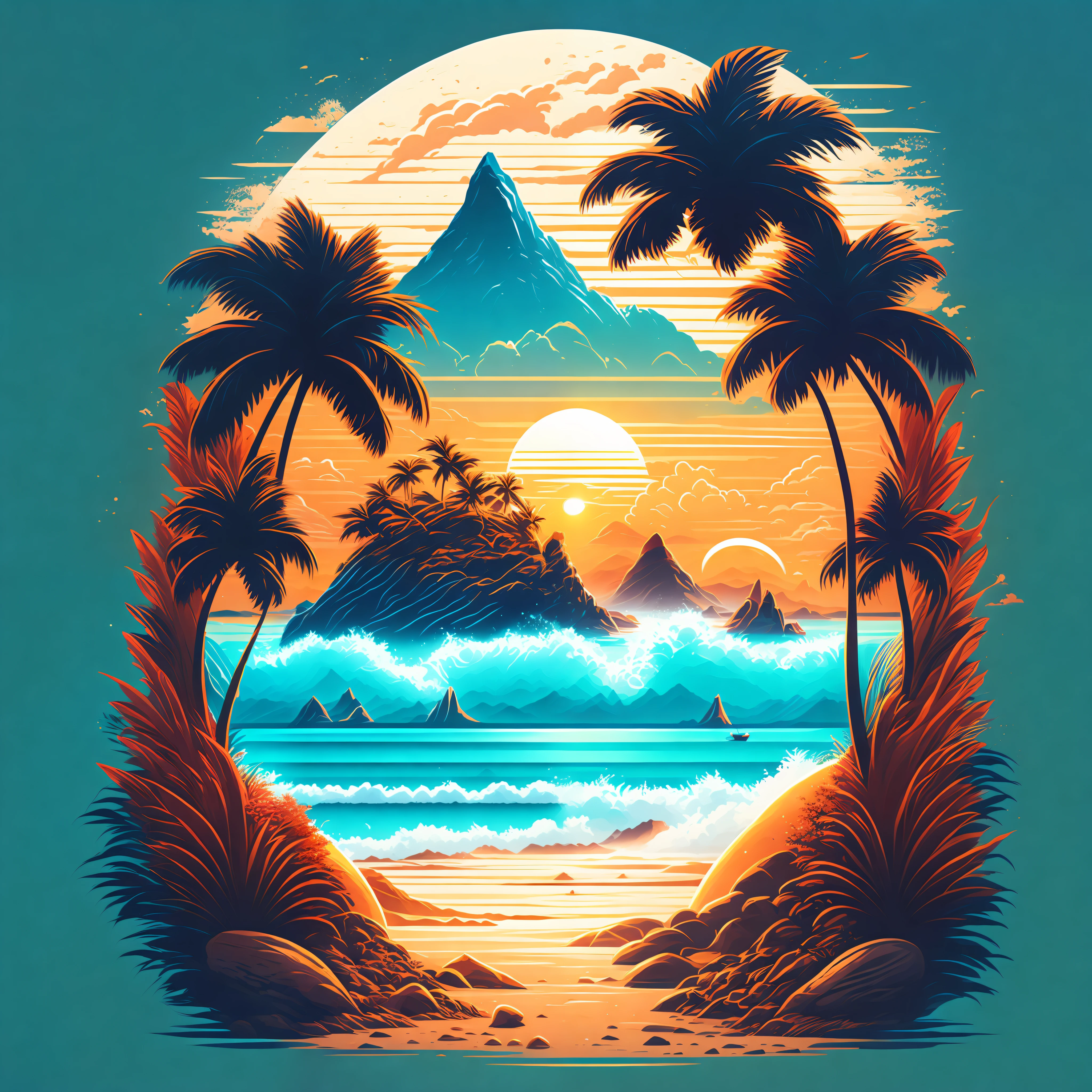 A beach in a summer landscape, T-shirt design, Midjourney, Vector Art, Hydro74