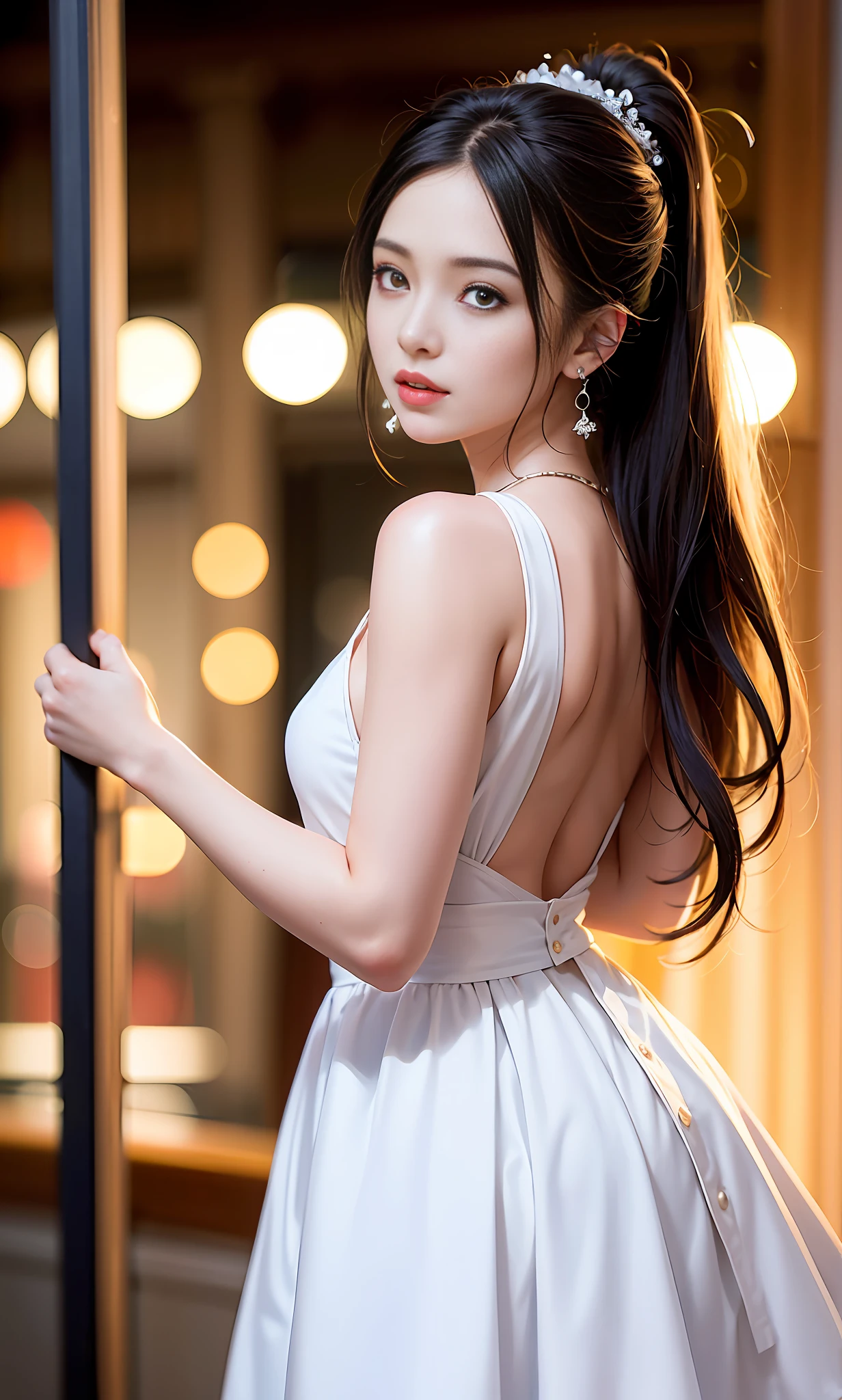 (8k, RAW photos, best quality, High resolution: 1.1), (surreal: 1.4), (realistic, realistic: 1.3), soft light, girl, realistic face, realistic body, realistic skin, absurdity, masterpiece, (cute: 1.8), cute, solo, (conservative dress: 1.2), detailed black eyes, innocent eyes, blush, cello, movie lights, film grain, sparkling jewelry, diamonds, earrings, rings, ((medium hair: 1.1)), (floating hair nova frog style)), cherry lips, headband, hair bow, ponytail, viewer, long hair, open lips, upper teeth, depth of field, blurred background, eye focus, bokeh, young, 85mm lens, f/1.4, professional lighting, young, photon mapping, radiosity, physically based rendering,