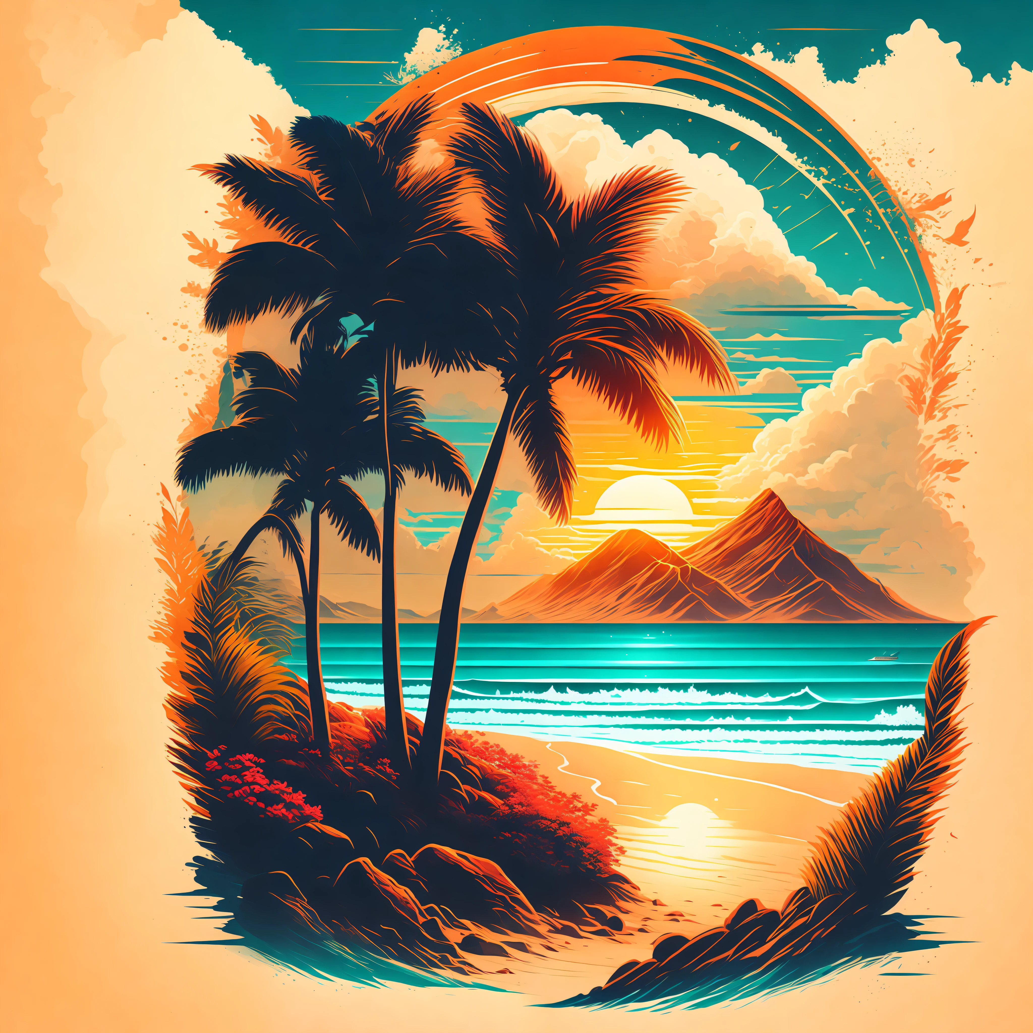 A beach in a summer landscape, T-shirt design, Midjourney, Vector Art, Hydro74