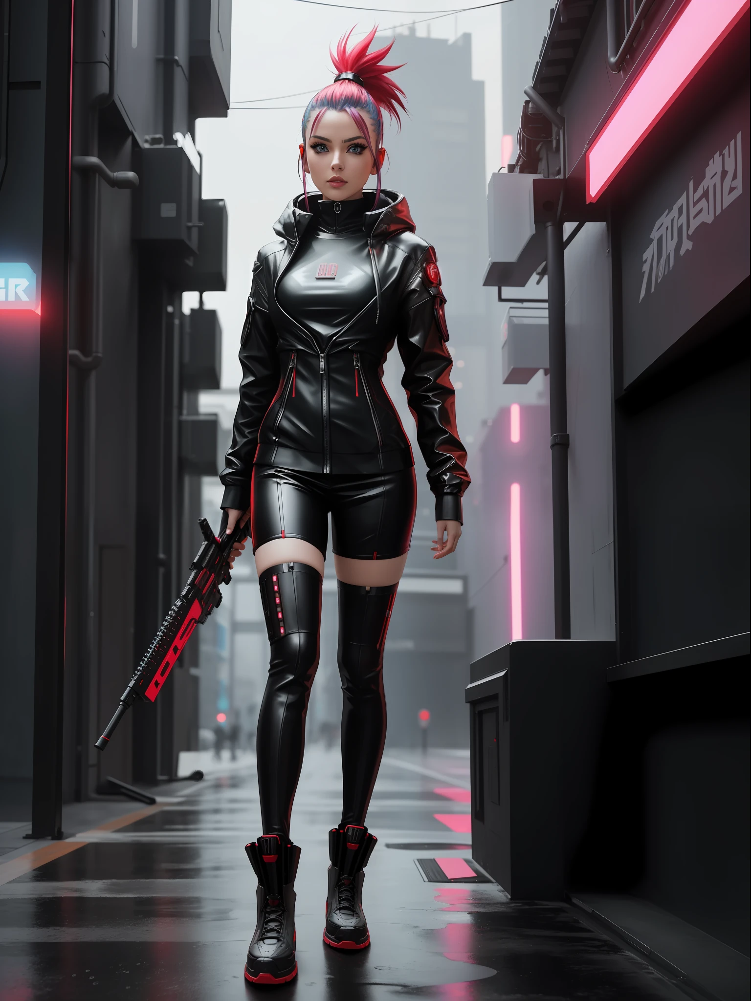 (full body photo:1.6), (A Kawaii Woman:1.5), (wearing cyberpunk red metal+ultra realistic metal outfit:1.5), (she's in a futuristic city with lots of flying cars+at night+raining hard:1.5), (she has mohawk hair roza:1.3), (she has blue eyes:1.3), (she's holding futuristic weapons+sorting+staring at the viewer+striking sexy poses for the viewer:1.5), Hyperrealism, 16k, best quality, high details, UHD