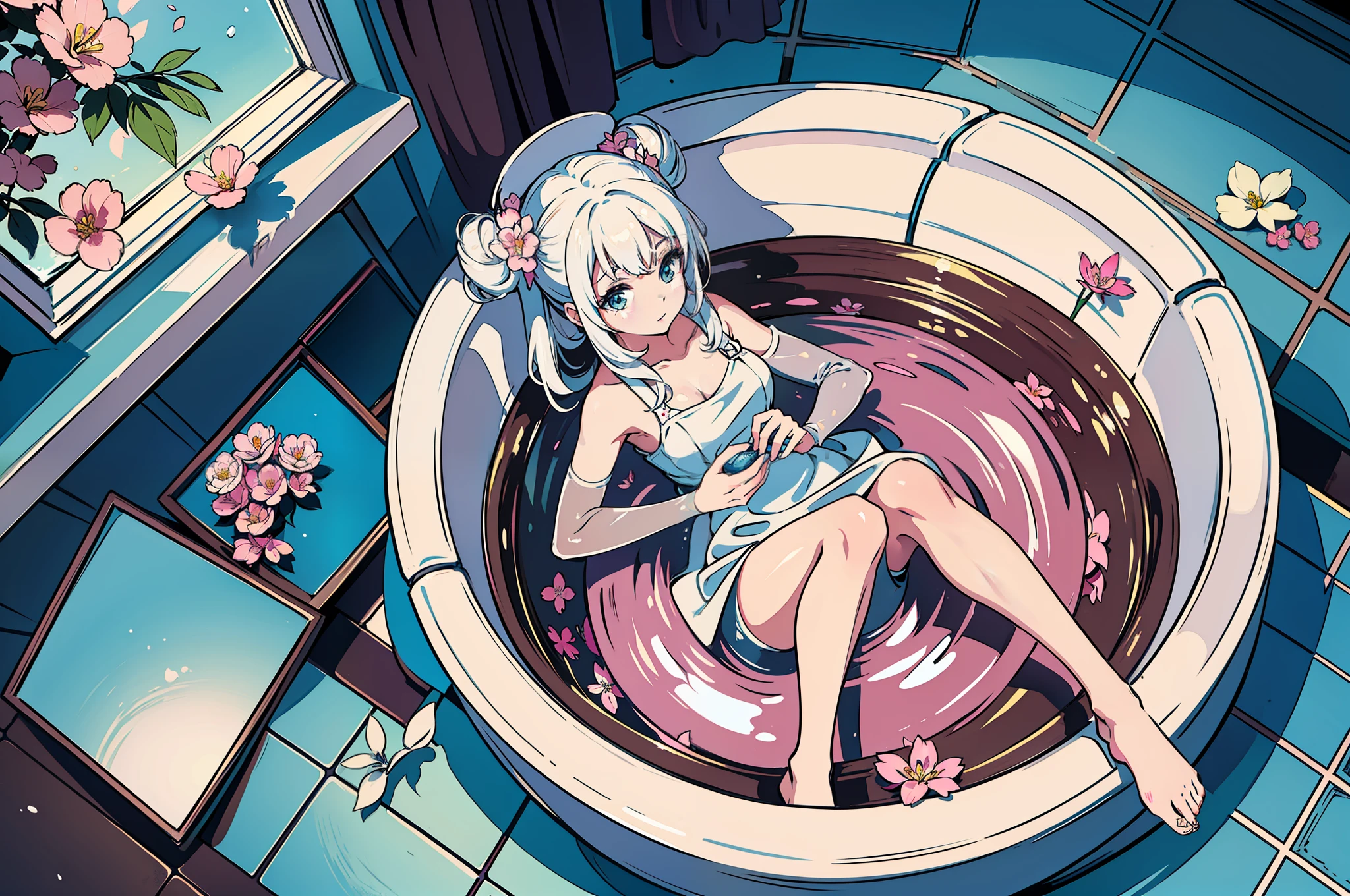 (top view), (ultra detailed), a young woman inside an long elegant bathtub, the water is filled with pink soapy bubbles. There are plastic duckies floating in the tub and some outside in the room. The room has beautiful tiles with detailed patterns, there is some water splashes and drops. Theres a few flower petals around and cute decor like pink towels and shoes arranged in a corner. She has white hair styled in two buns. is wearing modest clothing with transparent pieces. Overall a magical and illusive scene