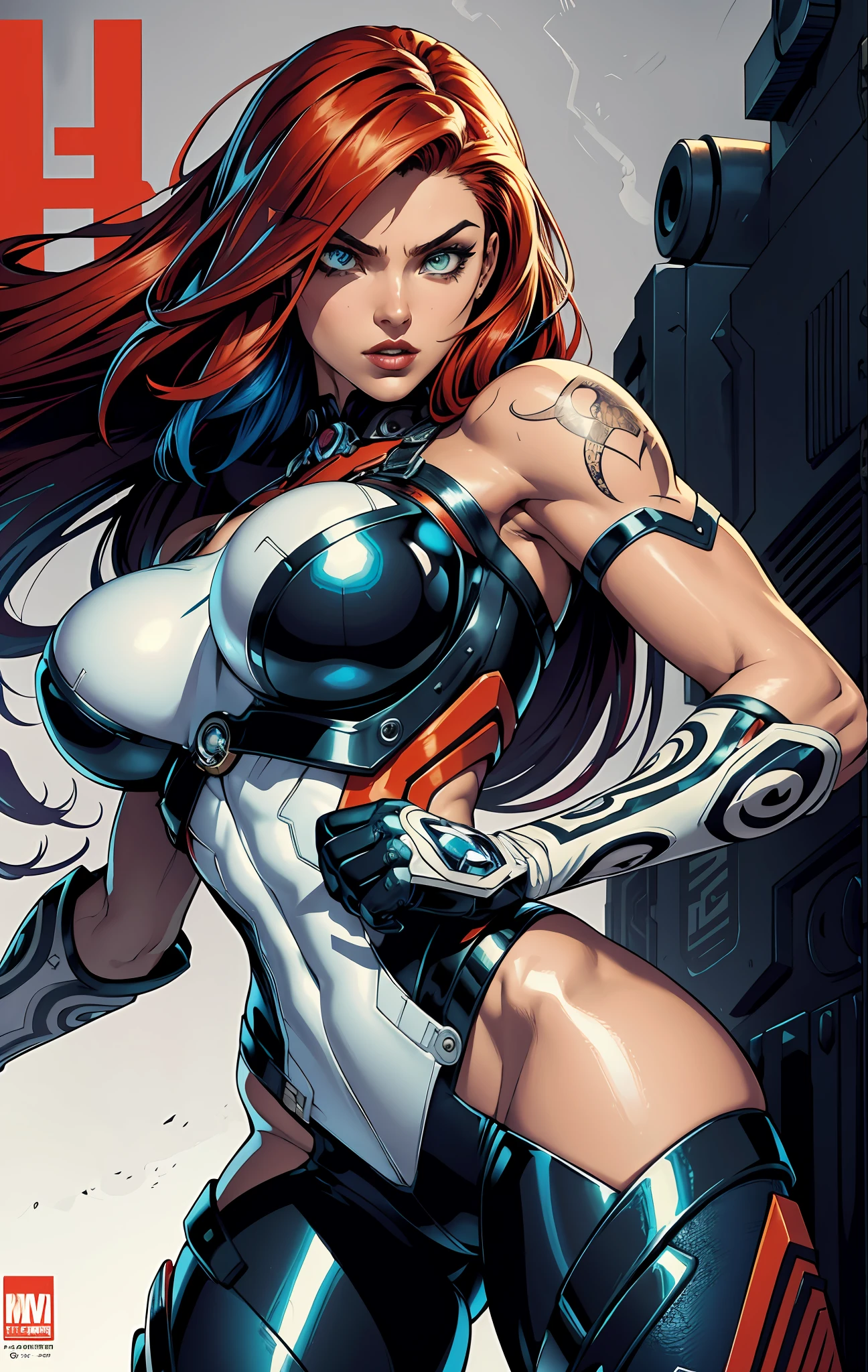 background, mixed-language_text, Japanese letters in graffit ,girls, long red hair, excellent lighting, sidelighting, (), vhsKeeper,, style GUILTY GEAR -STRIVE perfect ultimate (flat color: 1.3), (magazine_cover: 1.4), (multicolored_background: 1.3), striped_background, card_background, :: comix style by joe madureira :: circular pieces of white metals glued on the arms ultra detailed coming out sparkling shine, , perfect and detailed, ultra detailed shirt with drawing Abstract and patterned with Japanese letters in graffit on the sides of the outfit, image of girls with Big Breast, on top of a futuristic motorcycle, with immersive effects, hover effect, background style graffiti tribal tattoo with vibrant colors "HDR Ultra" detailed and with focus effect, (masterpiece: 1.2, best quality), (beautiful eyes with huge eyelashes finely detailed: 1.2), , ((Solo)), (Finely detailed eyes and detailed face :1.3), in various full-body attack poses, (cute background: 1.2),futuristic costume, Super detailed circular metals Clinging to arms and pants, fantastic paintings