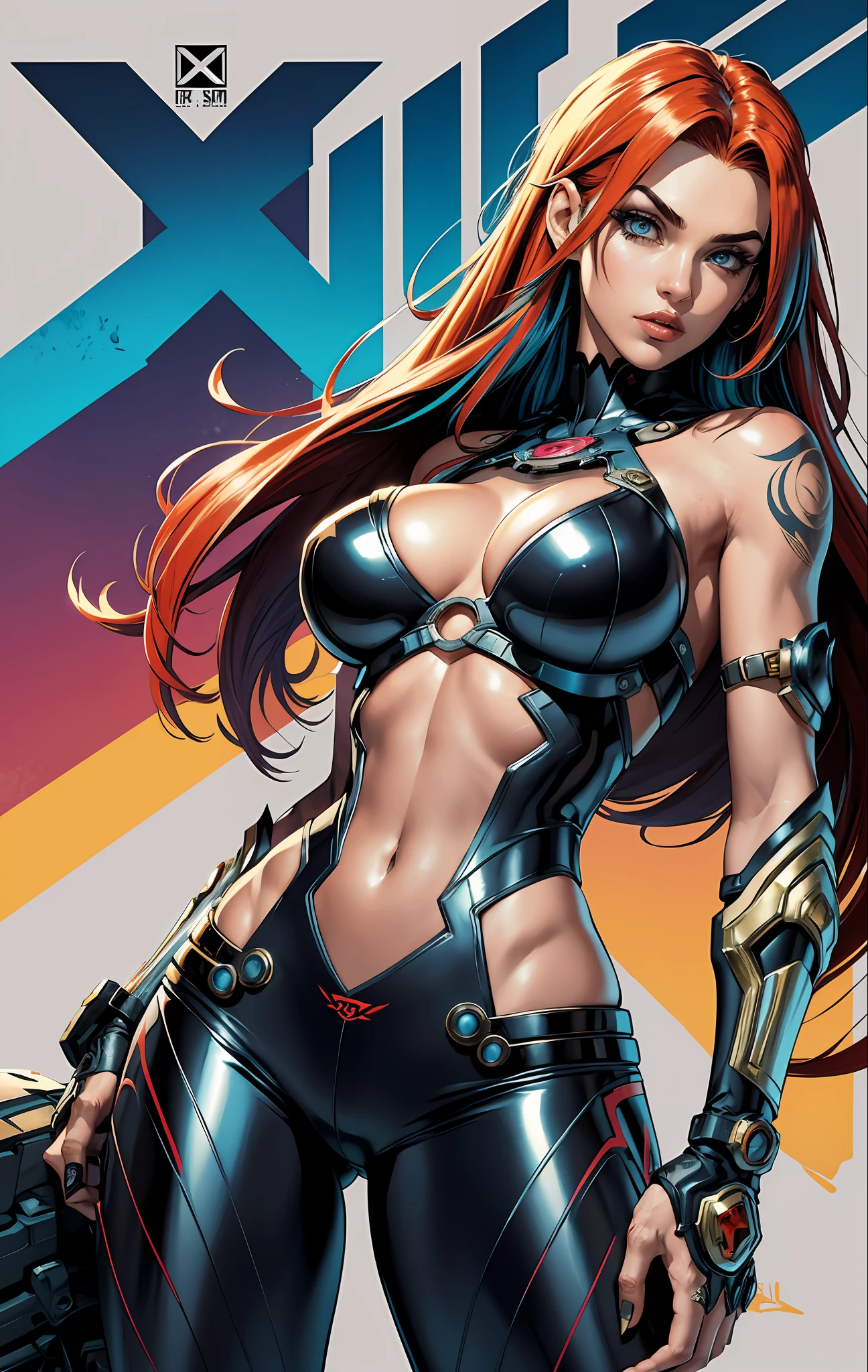 background, mixed-language_text, Japanese letters in graffit ,girls, long red hair, excellent lighting, sidelighting, (), vhsKeeper,, style GUILTY GEAR -STRIVE perfect ultimate (flat color: 1.3), (magazine_cover: 1.4), (multicolored_background: 1.3), striped_background, card_background, :: comix style by joe madureira :: circular pieces of white metals glued on the arms ultra detailed coming out sparkling shine, , perfect and detailed, ultra detailed shirt with drawing Abstract and patterned with Japanese letters in graffit on the sides of the outfit, image of girls with Big Breast, on top of a futuristic motorcycle, with immersive effects, hover effect, background style graffiti tribal tattoo with vibrant colors "HDR Ultra" detailed and with focus effect, (masterpiece: 1.2, best quality), (beautiful eyes with huge eyelashes finely detailed: 1.2), , ((Solo)), (Finely detailed eyes and detailed face :1.3), in various full-body attack poses, (cute background: 1.2),futuristic costume, Super detailed circular metals Clinging to arms and pants, fantastic paintings