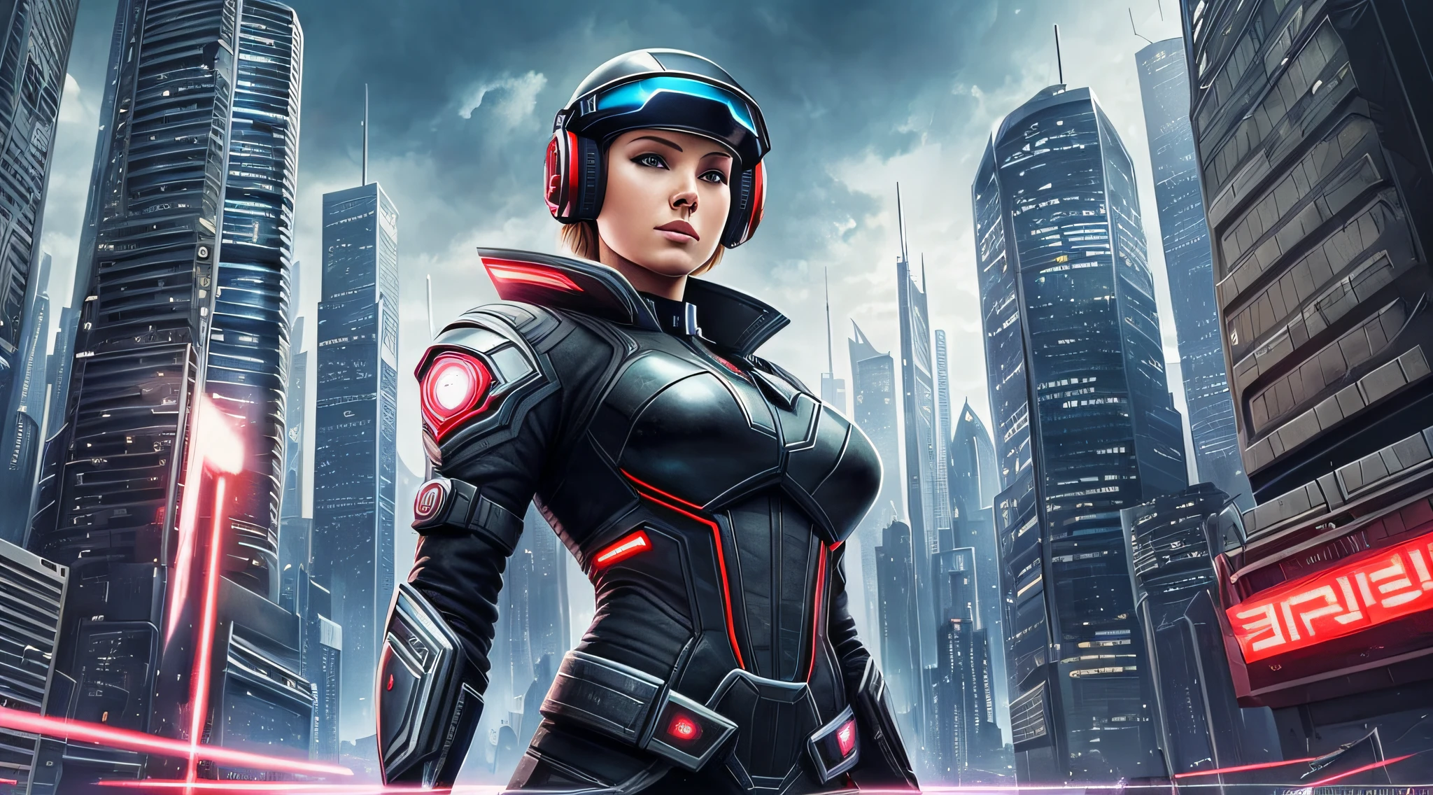 The image is a digital painting of a cyberpunk warrior by artist James Gurney. The warrior is a young and beautiful woman with short, blonde hair, blue eyes and a tattoo on her neck. She wears a black leather suit, which covers her body and has red and silver accents. The suit has several pockets, zippers, buckles and cables, which suggest technological and military functions. She also wears a metal helmet, which has a dark, reflective visor, and a headset with a microphone. She holds a futuristic gun in her right hand, which looks like a pistol with a long barrel and a silencer. The gun has red lights and a digital viewfinder. She points the gun to the side, as if ready to fire. The background of the image is a futuristic city, with tall buildings and full of screens and advertisements. The city has a dark and contrasting color palette, with shades of black, gray, red and blue. The image has a realistic and fantastic style, which combines the technique of oil painting with the elements of science fiction. The image shows a strong and courageous character, who lives in a dangerous and chaotic world. --auto --s2