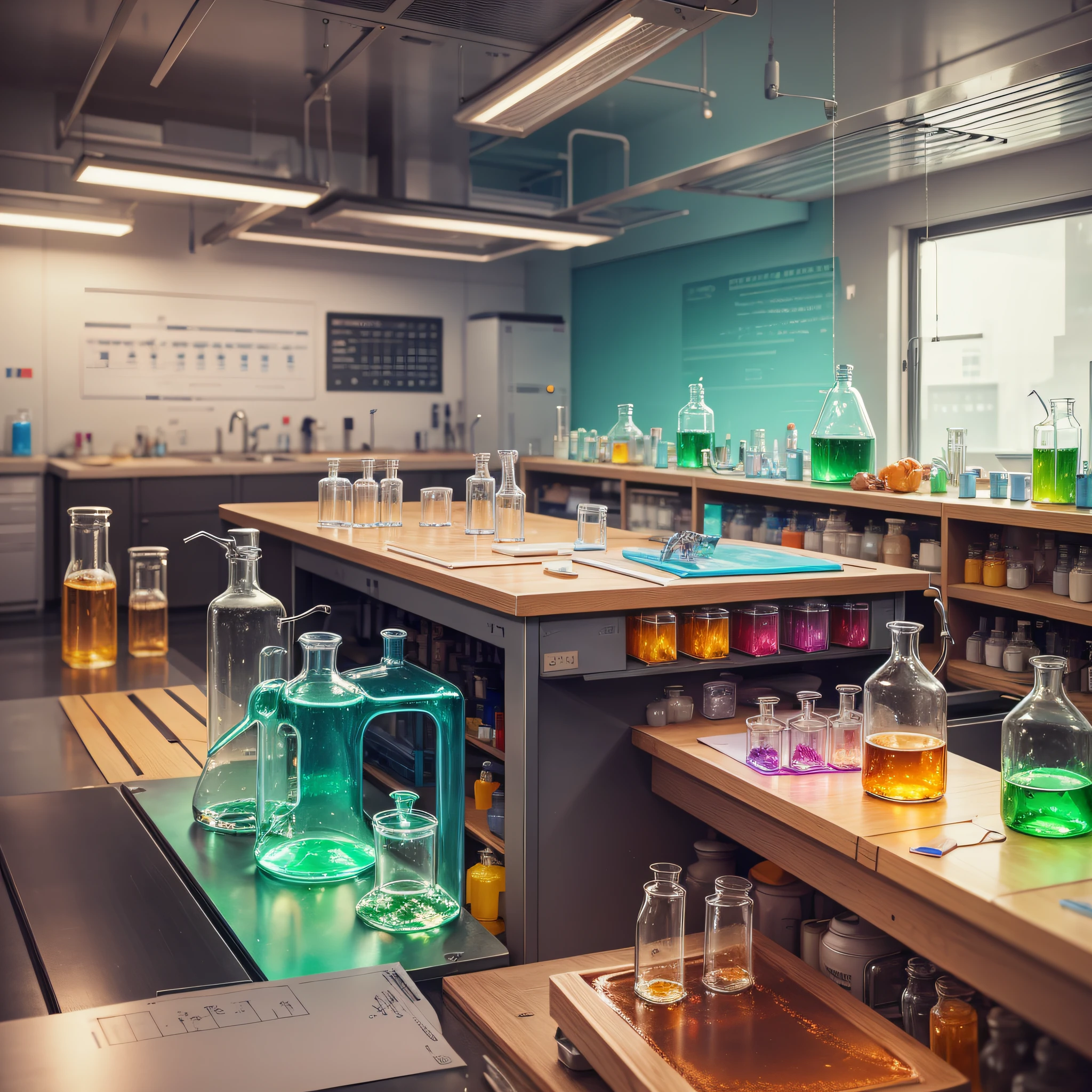 a symbol of chemistry highlighted and in the background a scenario of a chemistry laboratory --auto --s2