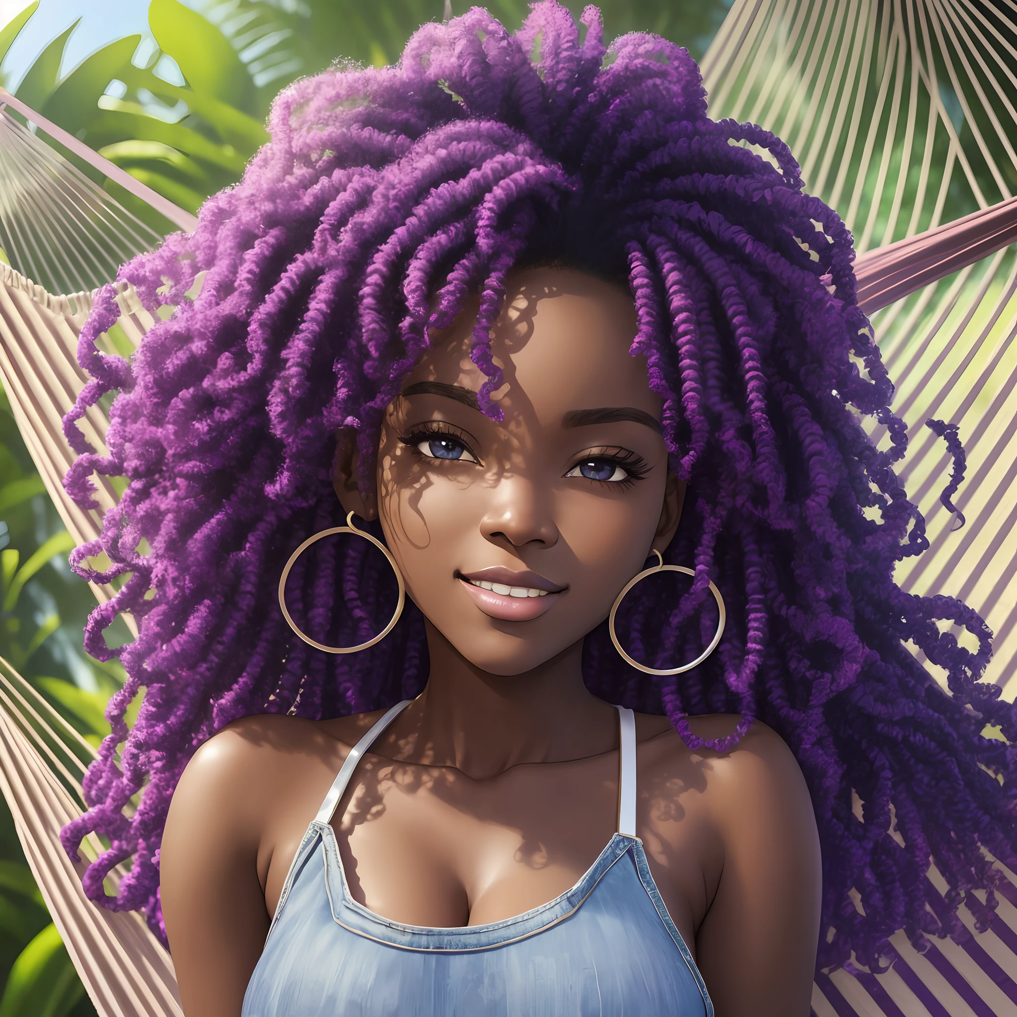 realistic portrait of a beautiful 9-month-old Afro-futuristic girl ((dark skin color)) eating fruits, ((chibi)), cute smile, ((sitting in hammock)), wearing plain purple T-shirt and jeans, current fashion, mega hair long curly hair, neon((kanekalon)), (cinematic contour lighting), close-up, product visualization, detailed facial details, perfect face, sharpness, trend art, sharp facial details, cgsociety, very high quality digital art, exquisite hyperdetail, 4k, 3D, 8k soft lighting, dreamy --ISO 100, fashion --ar 9:16 --s --auto --s2