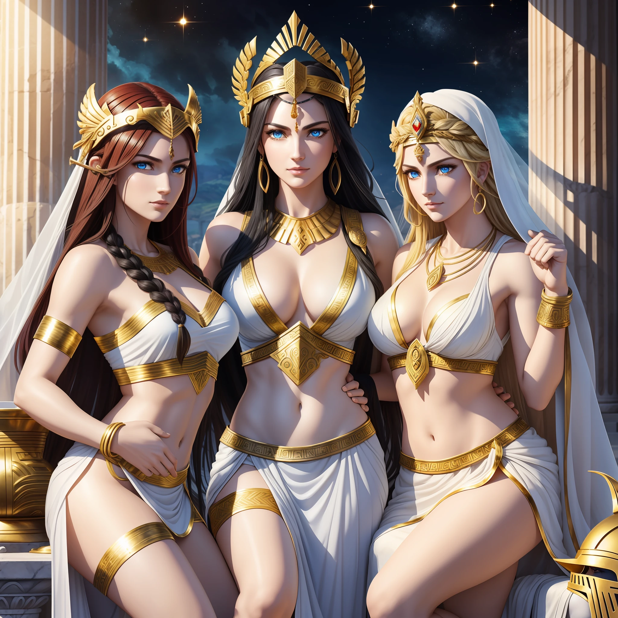 (three close goddesses) are chatting happily in an ancient Greek temple, "the first is goddess of wild nature and hunting, with (((blonde hair))) and (((blue eyes))), is fair-skinned, is tall and slender, shows off her pair of perfect long legs, wears a sleeveless (very short: 1.7) (white:1.5) greek chiton and a golden circlet", "the second is goddess of war and wisdom, with ((black hair)) and ((gray eyes)), is fair-skinned, is tall and muscled, wears ((golden armor and corinthian helmet))", "the third is goddess of hearth and fire, with ((dark red hair)) and ((dark red eyes)), is fair-skinned, wears a sleeveless long white greek toga and a veil", Greek mythology, mythological atmosphere, photorealistic, super high quality, super detail, super hand description, masterpiece, 8K, HDR