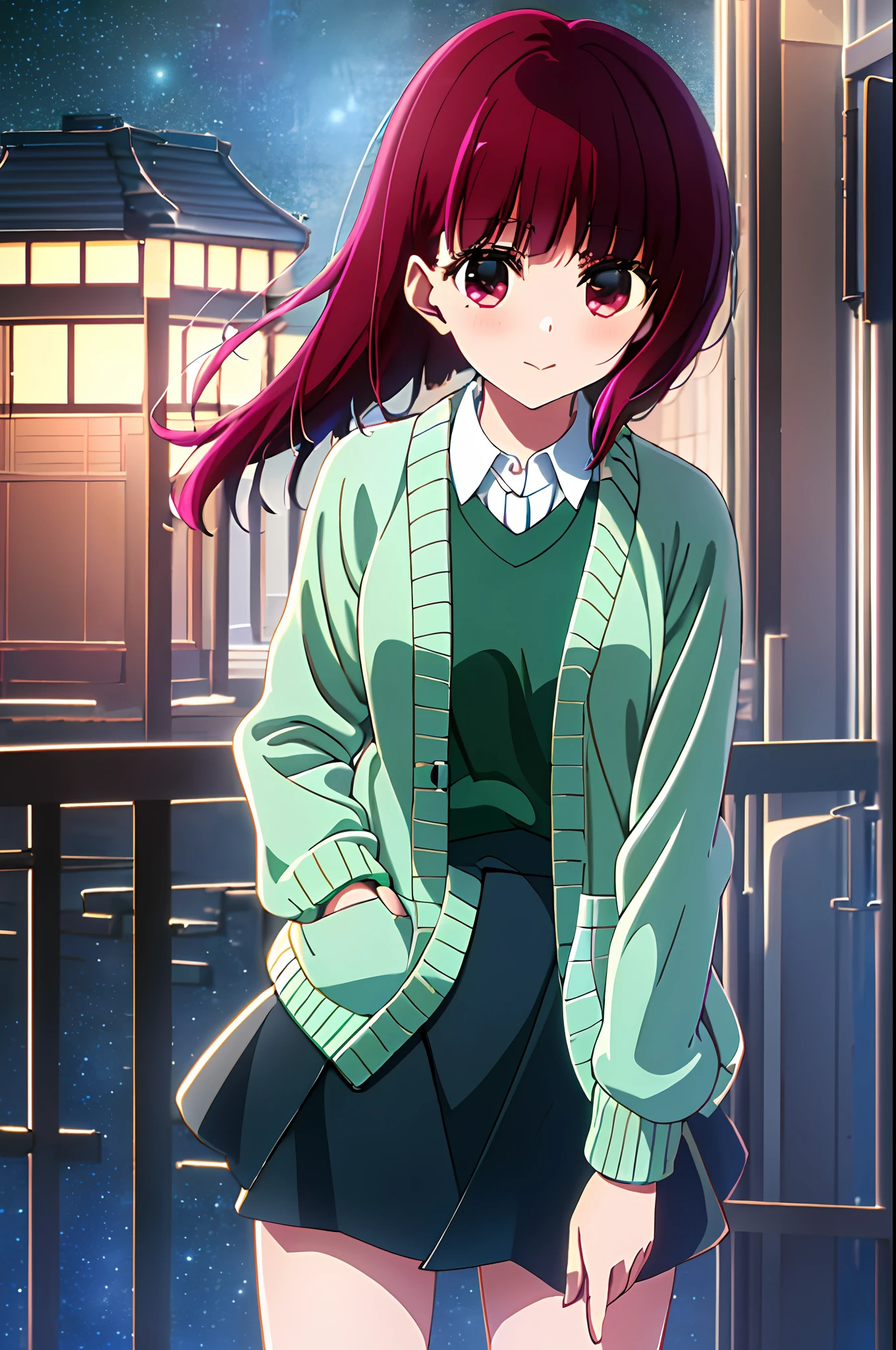 (masterpiece, best quality, highres),
Arima Kana \(Oshi no Ko\),
cyan cardigan, sweater, dark_green_shirt, miniskirt, standing, open clothing, solo, hand in pocket, night, starry sky, illustration, ultra detailed, vivid colors, artwork, 8K