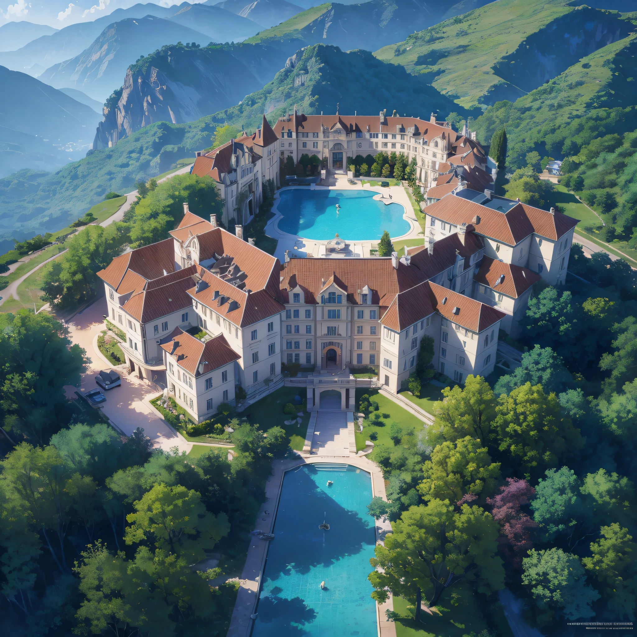 Aerial view of a large villa in the mountains, pool (best quality: 1.1) (masterpiece: 1.3) with unparalleled masterpiece, surreal 8K, perfect artwork, super detail, best quality, masterpiece 4K wallpaper aesthetics, masterpiece, award-winning artwork, official art, cinematic lighting